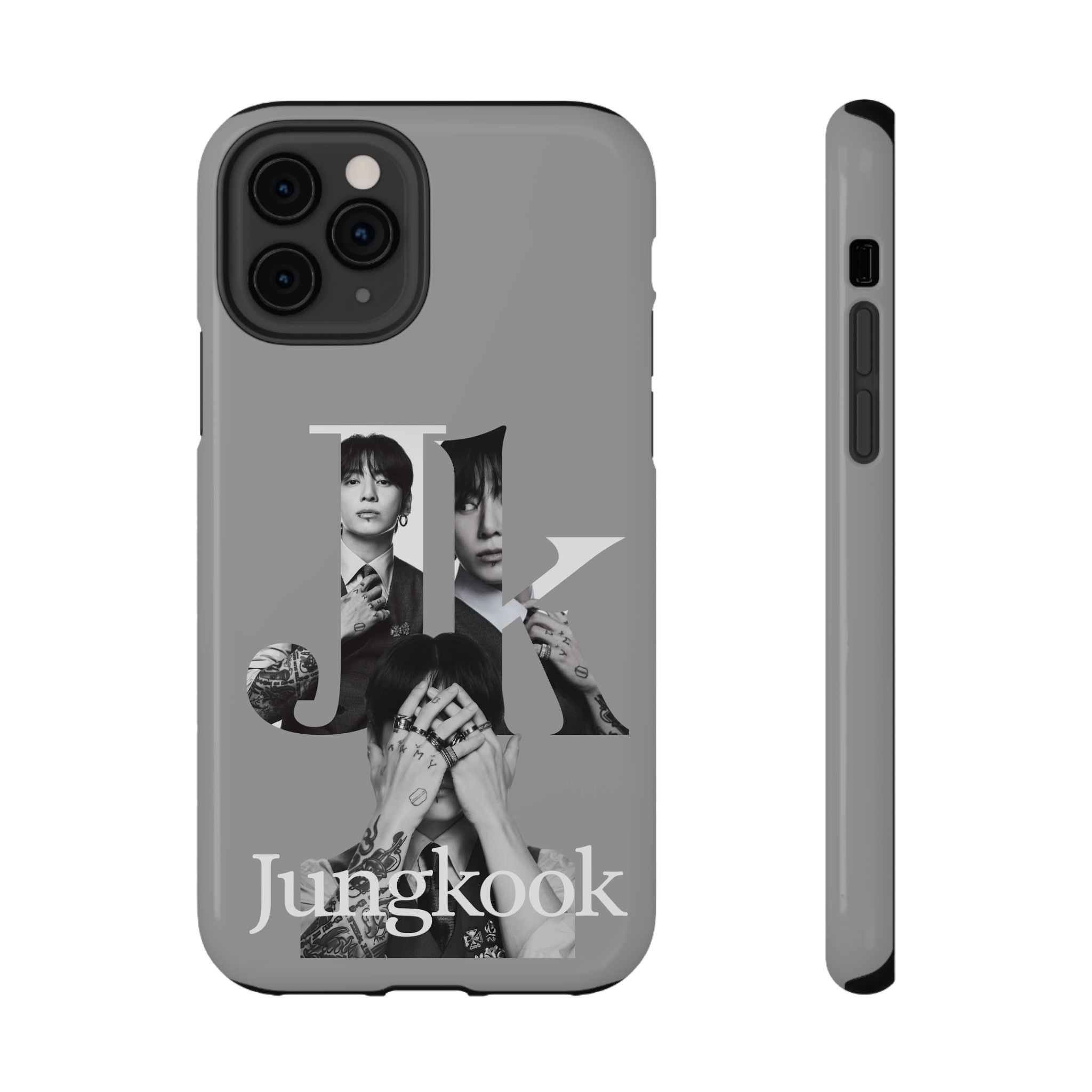 Monochrome BTS Jungkook phone case by Printify featuring impact-resistant design and bold letter branding.