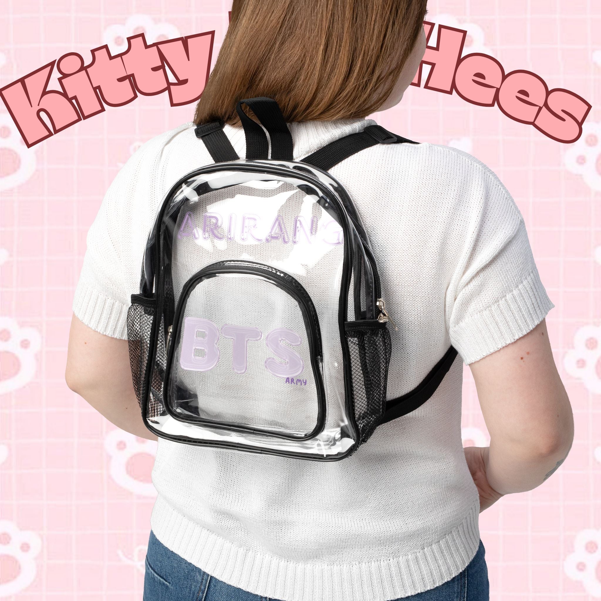 Clear stadium backpack with BTS logo, designed for concerts, featuring adjustable straps and spacious main compartment.