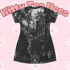Black Gothic cyberpunk T-shirt dress with all-over print featuring a futuristic cybersigil design by Printify.