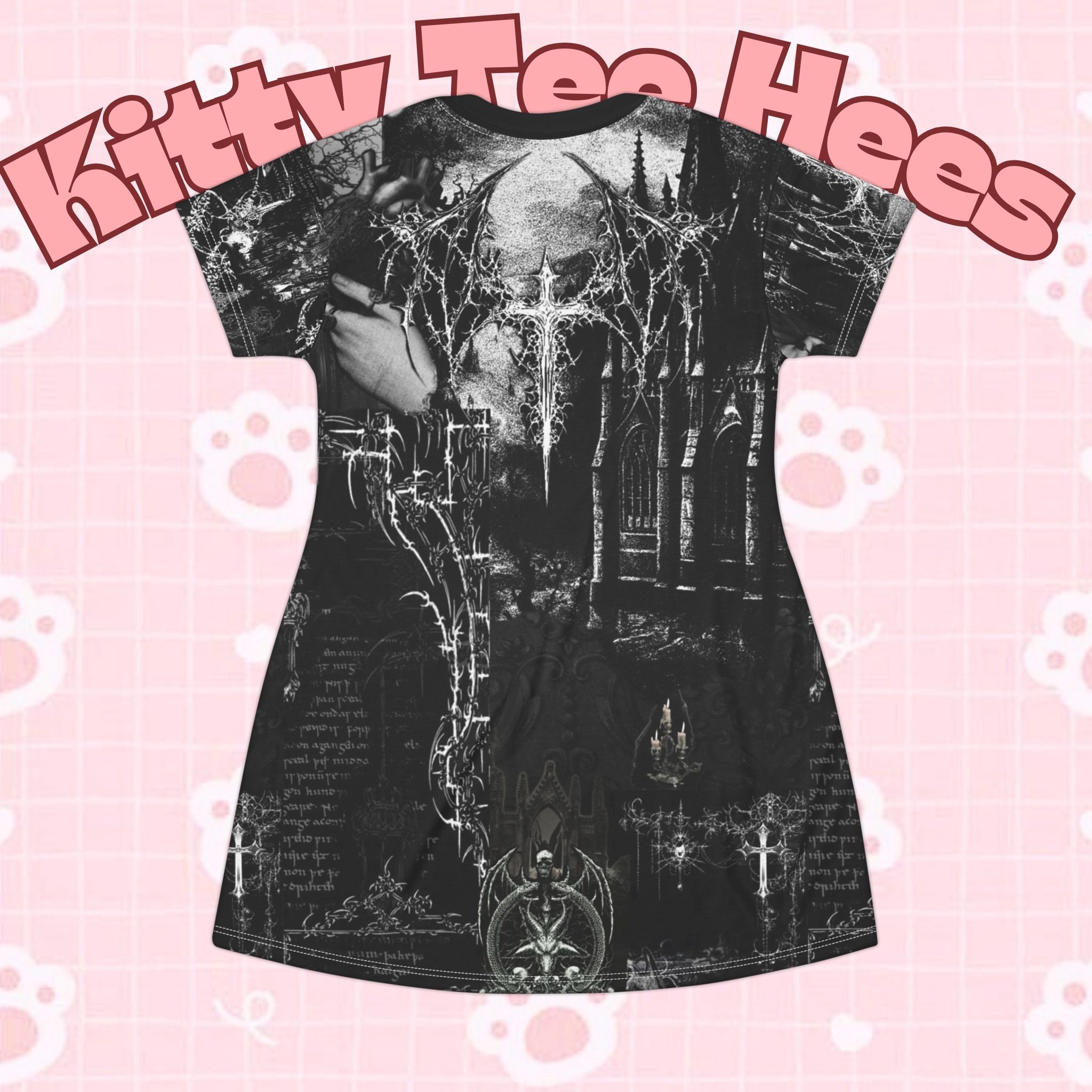 Black Gothic cyberpunk T-shirt dress with all-over print featuring a futuristic cybersigil design by Printify.