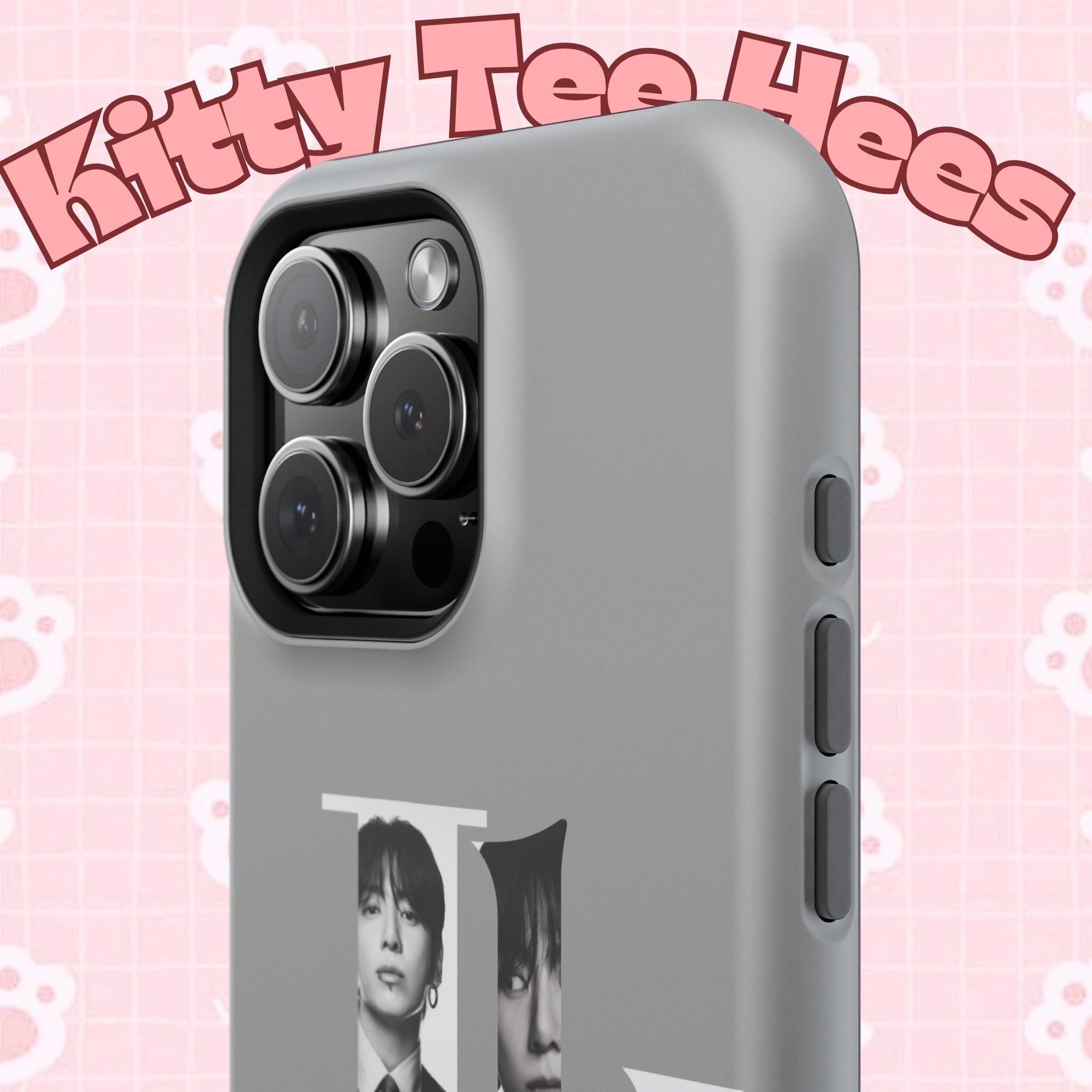 Monochrome letter BTS Jungkook phone case by Printify, impact-resistant, featuring a minimalist design with Jungkook's name and logo.