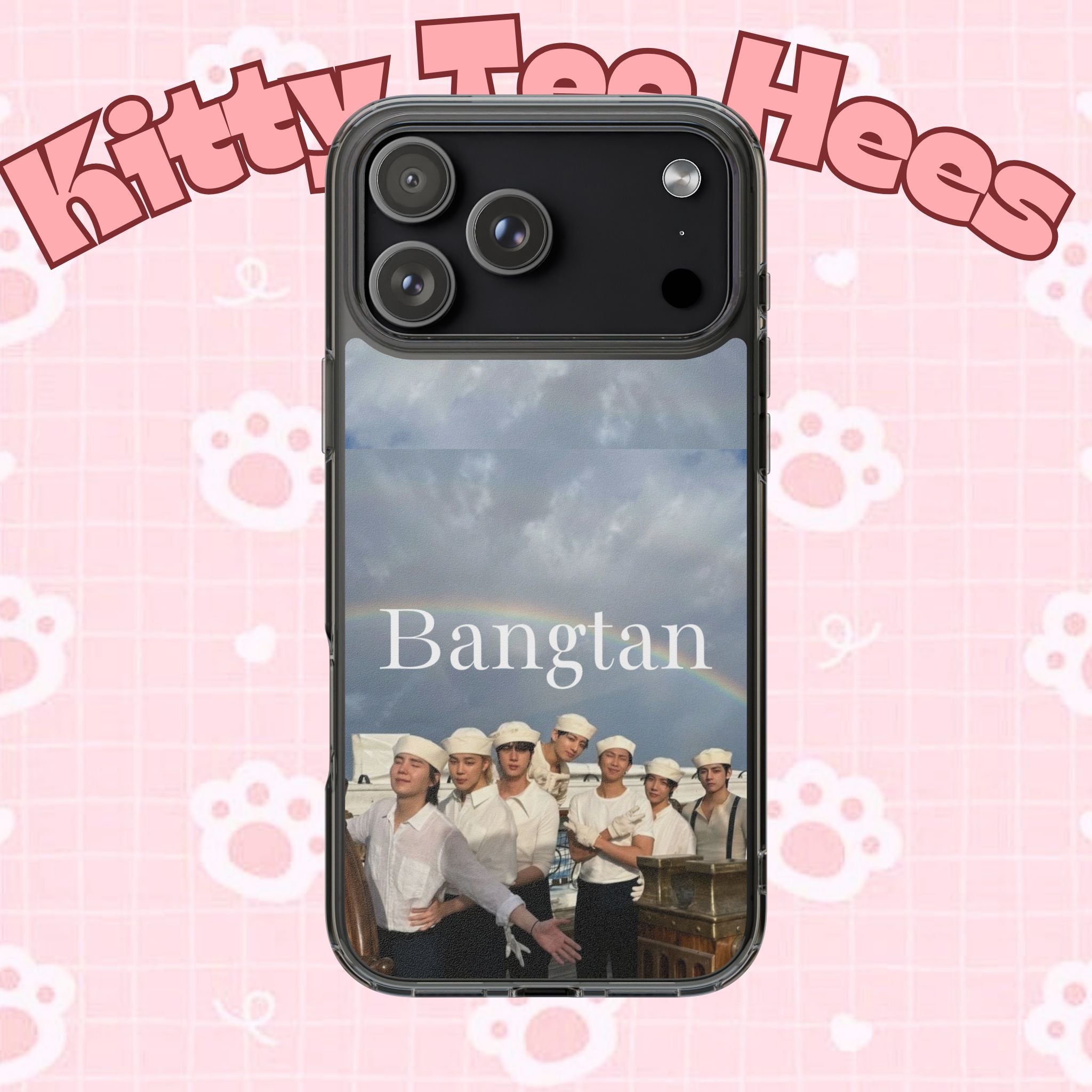Clear impact-resistant phone case featuring cute Bangtan K-pop design, compatible with smartphones for stylish protection.