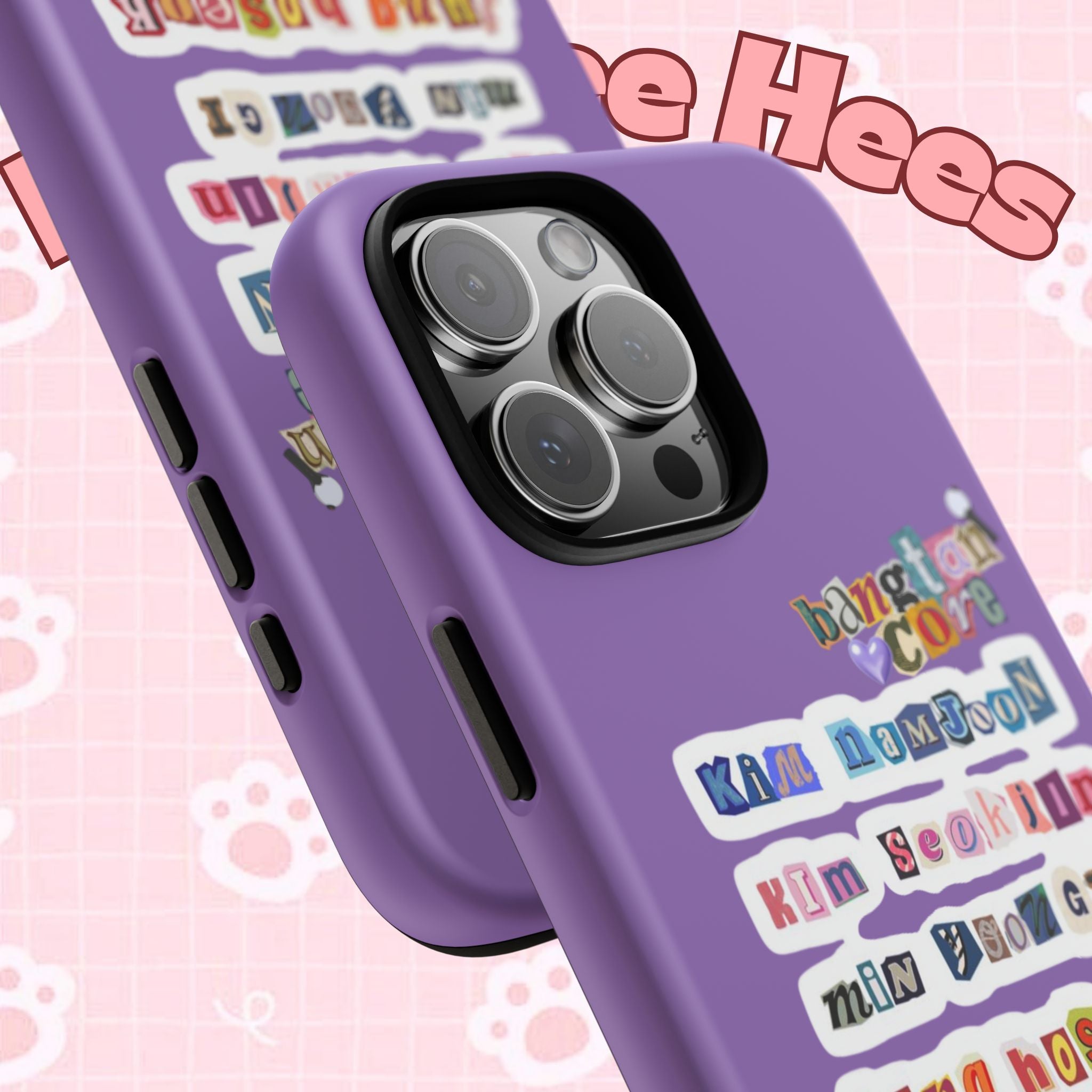 Printify BTS member names phone case for iPhone 17 featuring Jungkook, Jimin, and RM with a tough, stylish design.