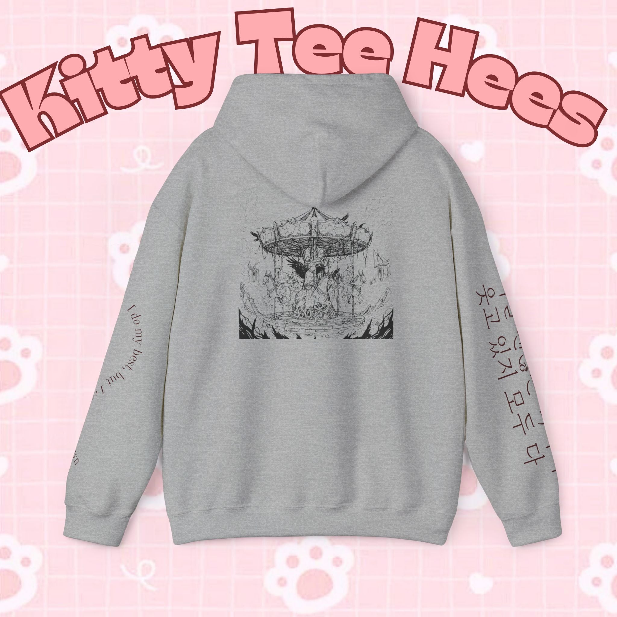 BTS Merry-go-round Arirang 2026 hoodie with carousel illustration, Korean script sleeve, fun design, and lyric details.