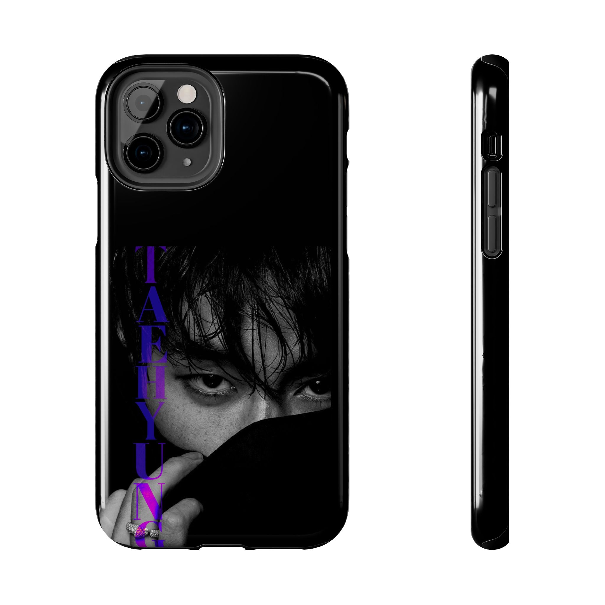 Dark Bangtan BTS phone case featuring Kim Taehyung (V) design for iPhone and Samsung phones, made by Printify.