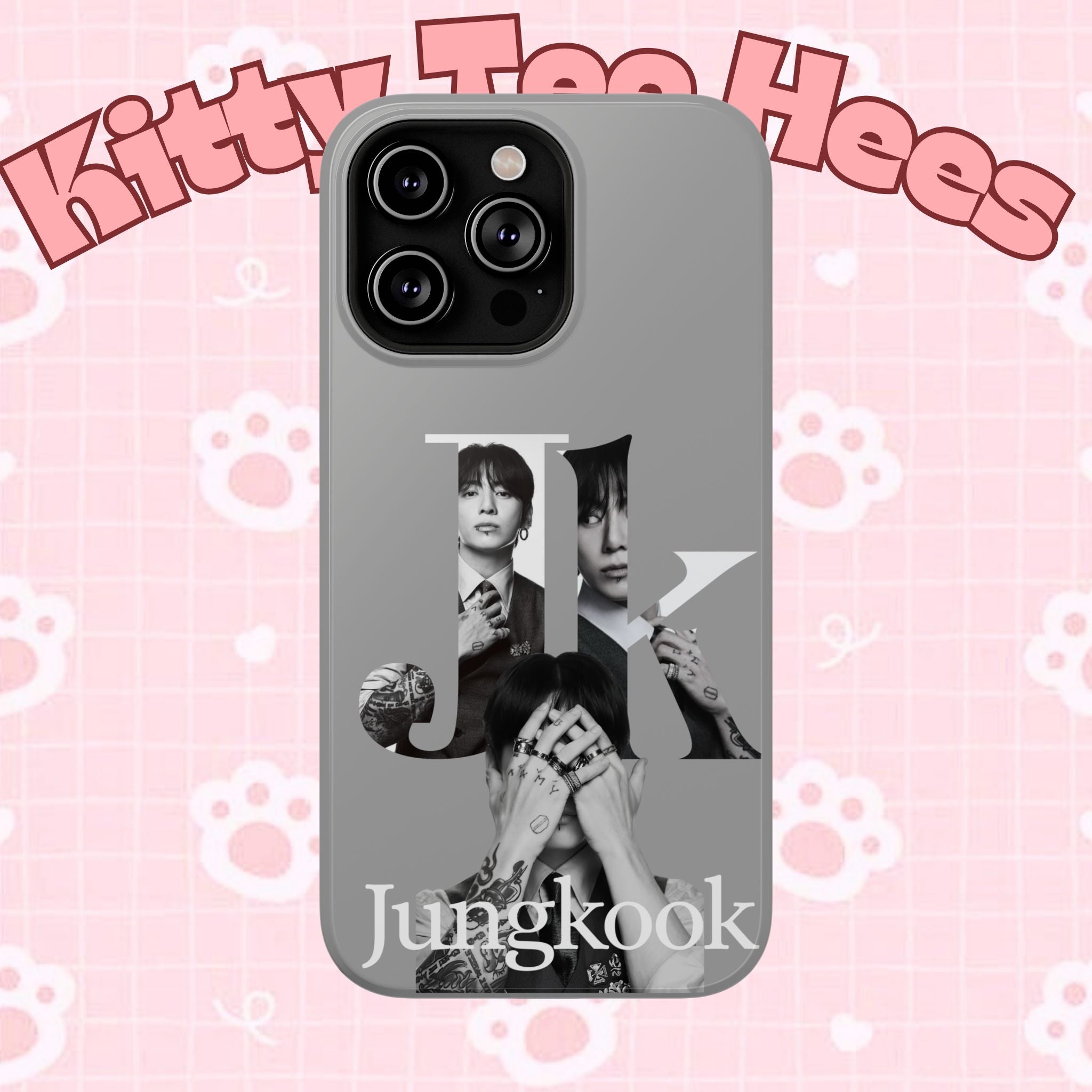 Monochrome BTS Jungkook phone case with impact-resistant design featuring letter print for a stylish look.
