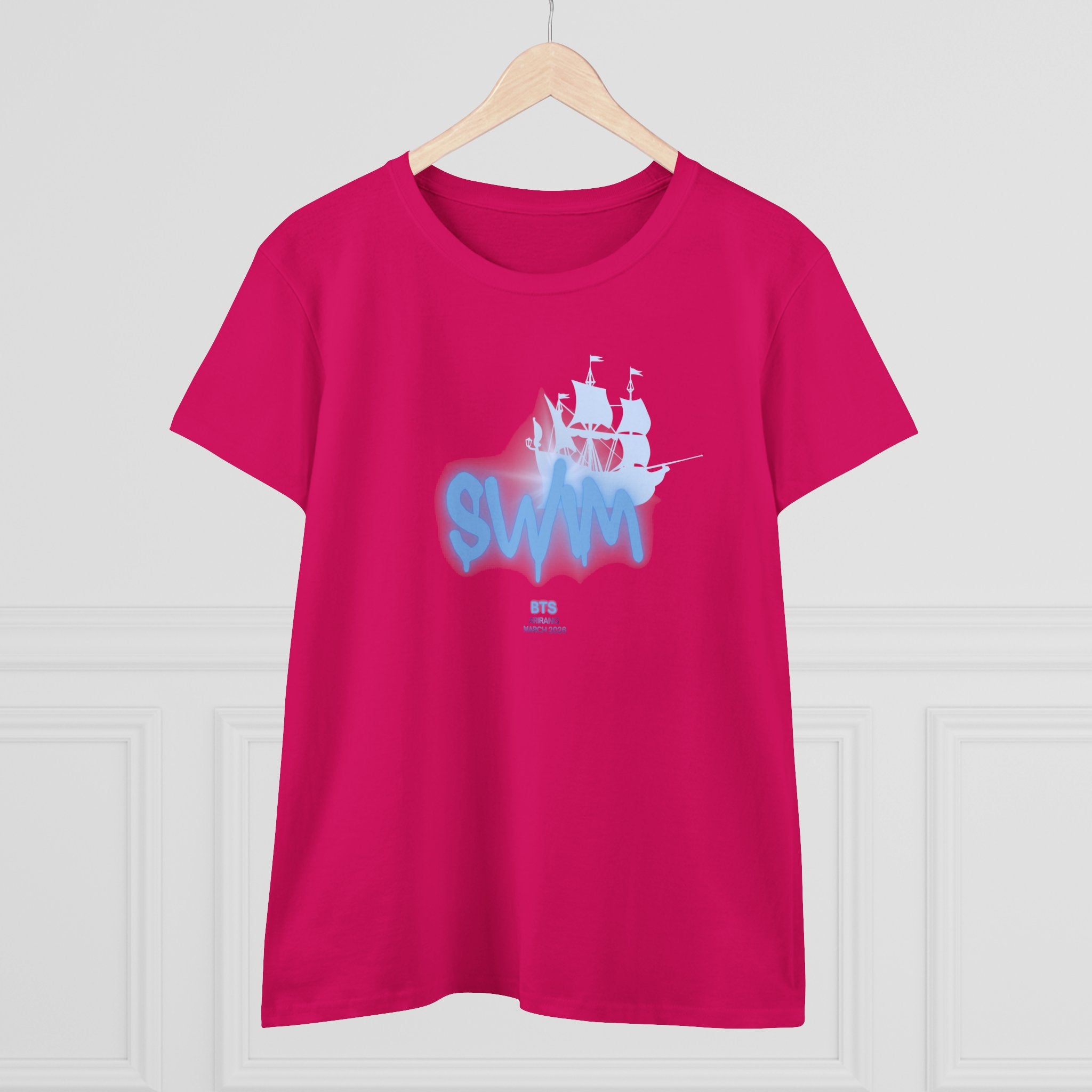 Women's BTS Sailboat Script Logo T-shirt featuring a concert-inspired design and cotton fabric, perfect for BTS fans.