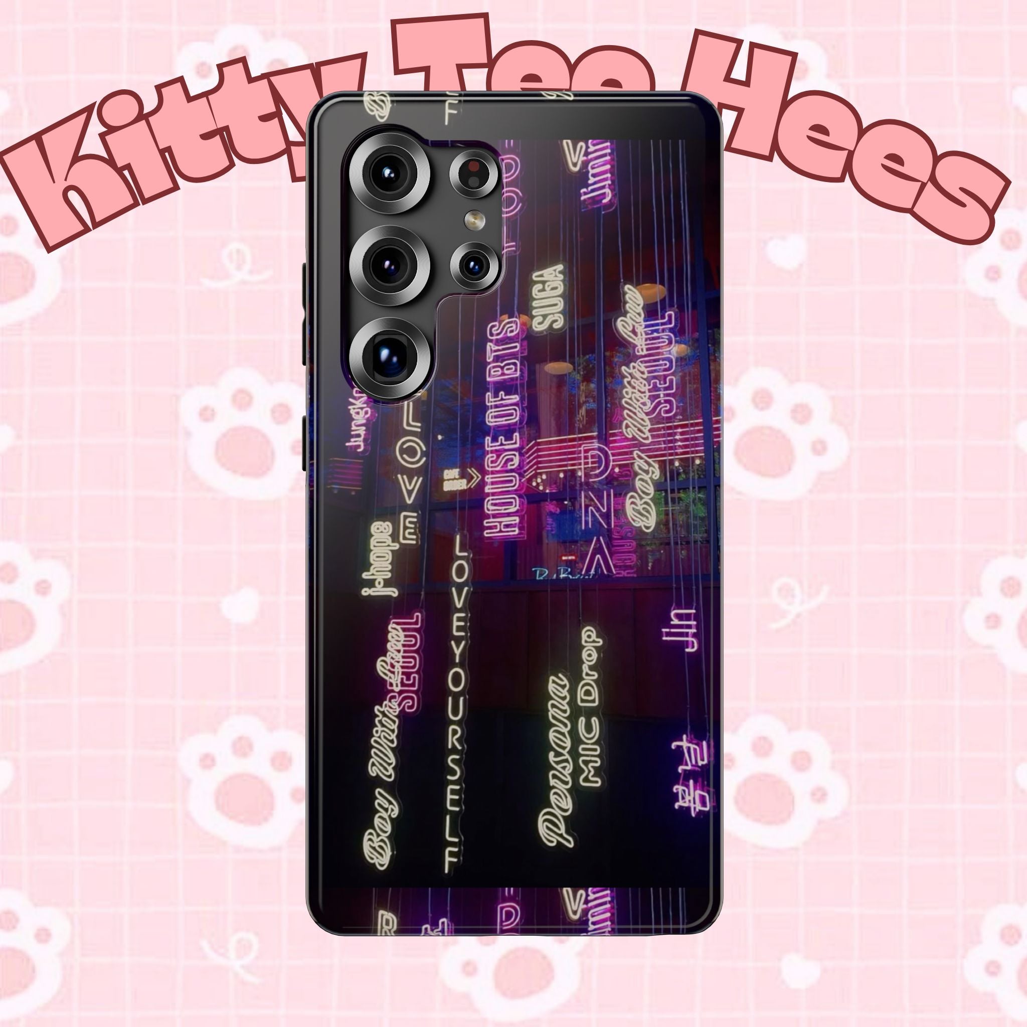 Neon Korean Script BTS phone case for iPhone and Samsung, impact-resistant, featuring bold neon lettering and BTS branding.