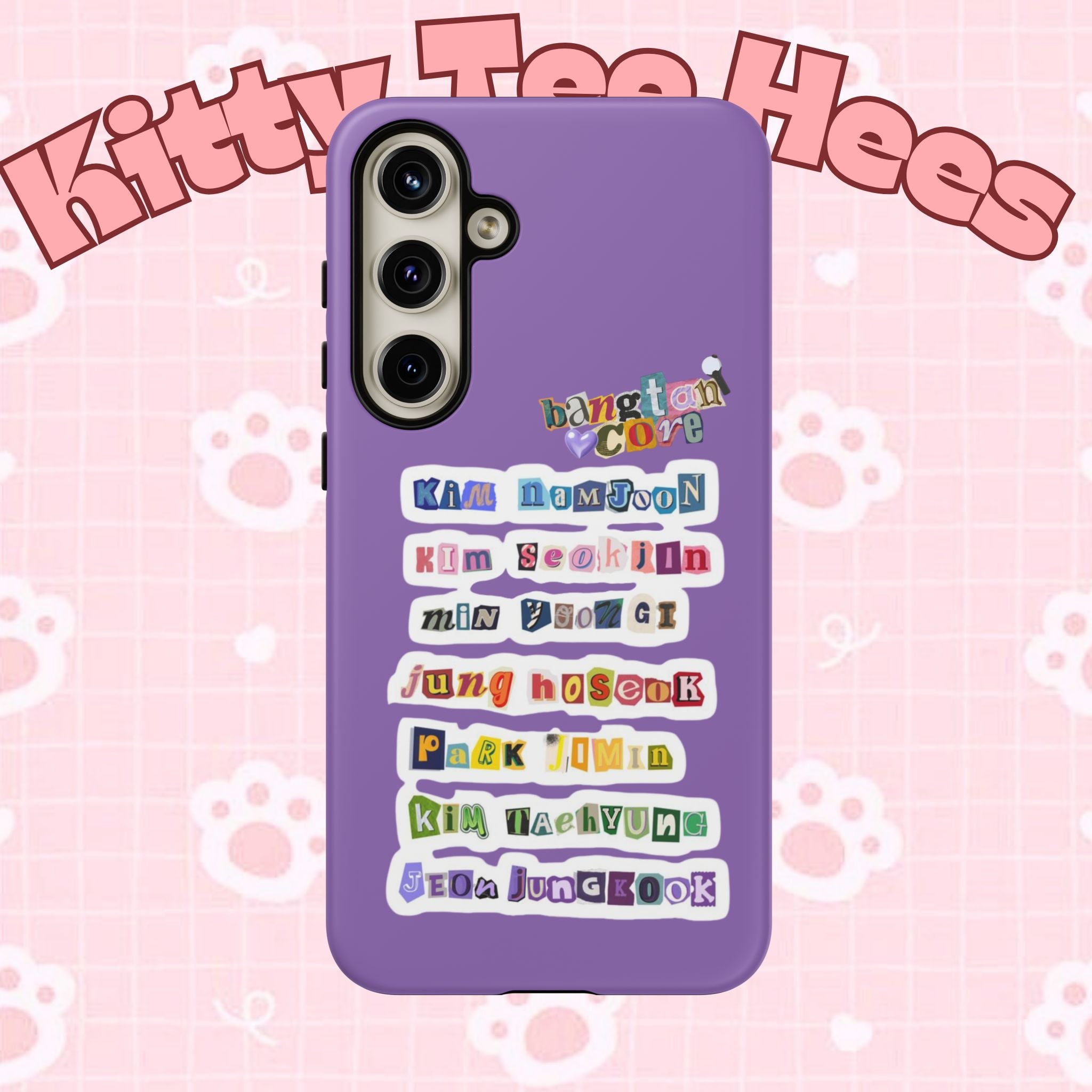 Printify BTS member names phone case featuring Jungkook, Jimin, and RM for iPhone 17, with a durable, stylish design.