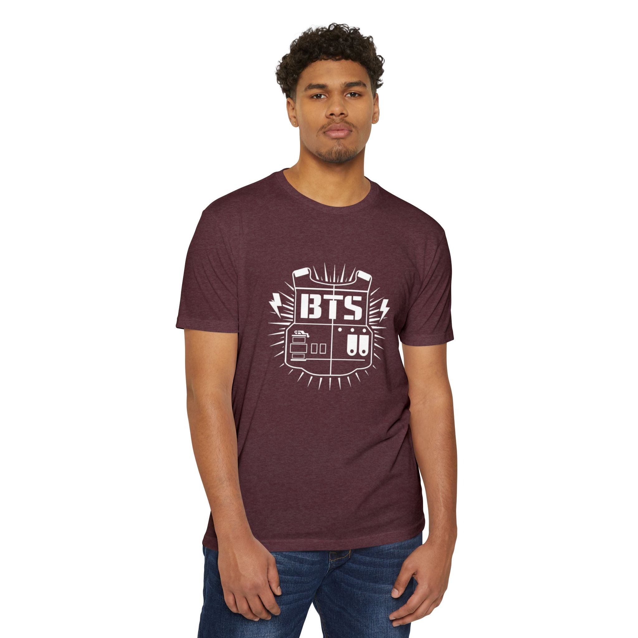 Custom BTS T-shirt featuring Jungkook, Jimin, Taehyung, J-Hope, RM, Suga, Jin, and Bangtan members, casual K-pop concert style.