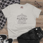 Printify BTS Arirang 2026 album Merry Go Round carousel sketch T-shirt with lyric script back print, casual and stylish.