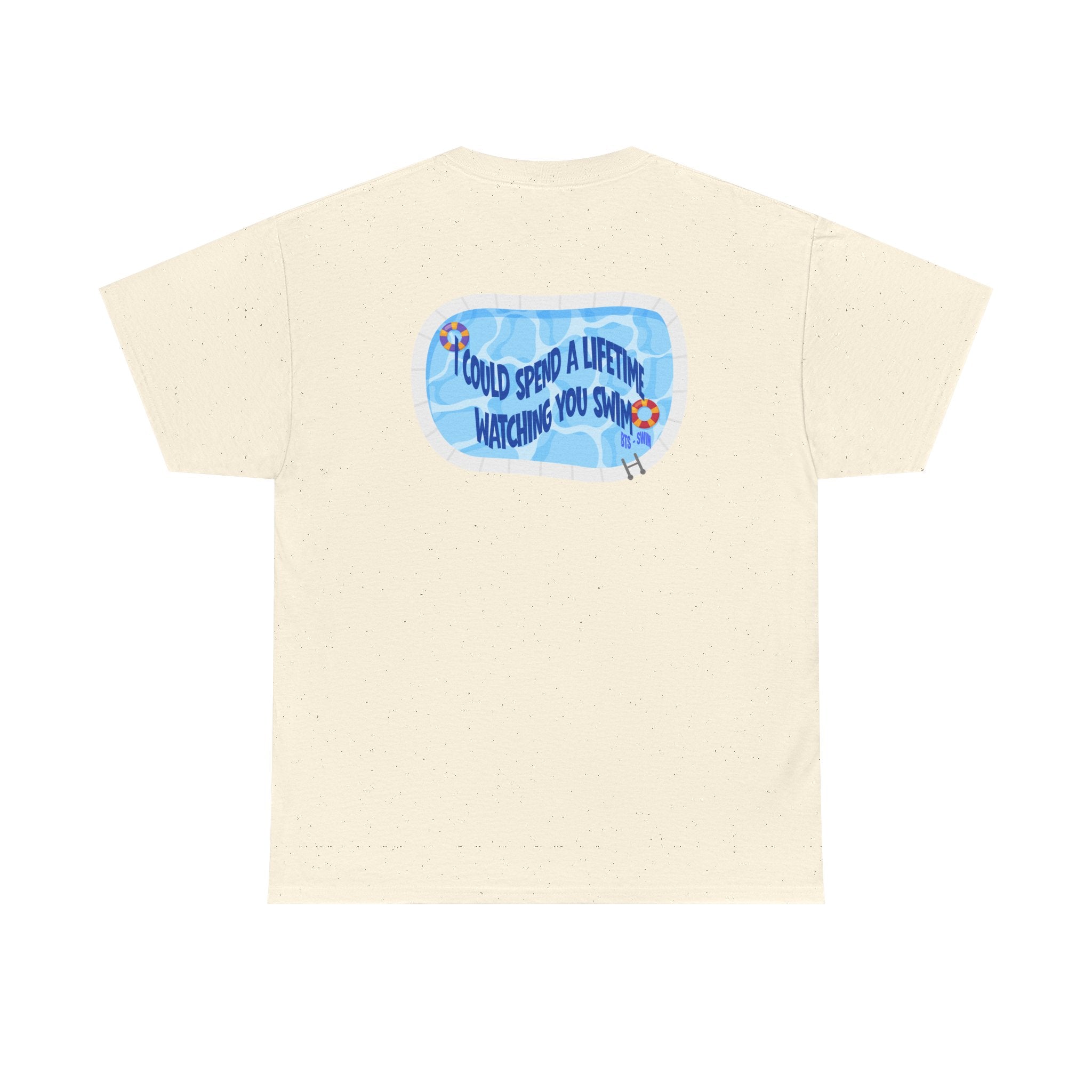 Printify BTS swim graphic T-shirt featuring pool scene and Bangtan logo, casual BTS concert tee for fans.