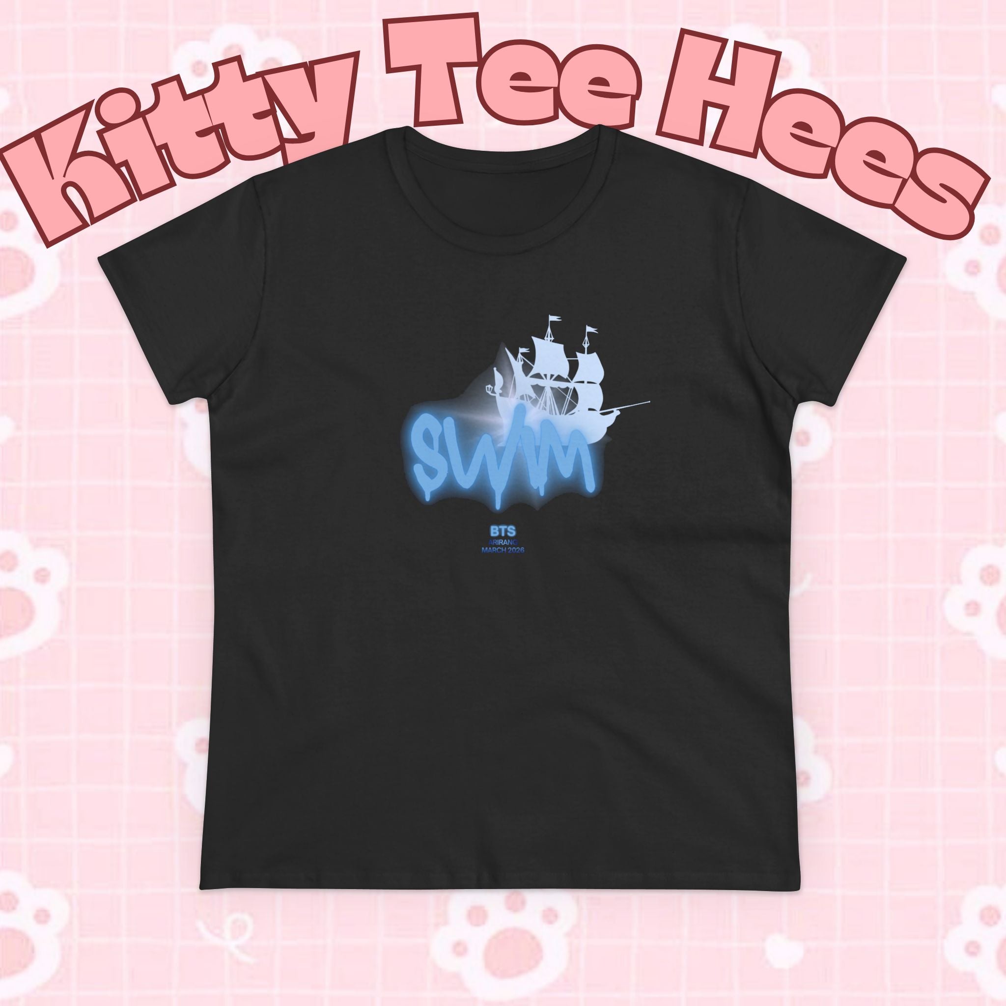 Women's BTS Sailboat Script Logo T-shirt featuring concert and Bangtan World Tour design, cotton fabric, by Printify.