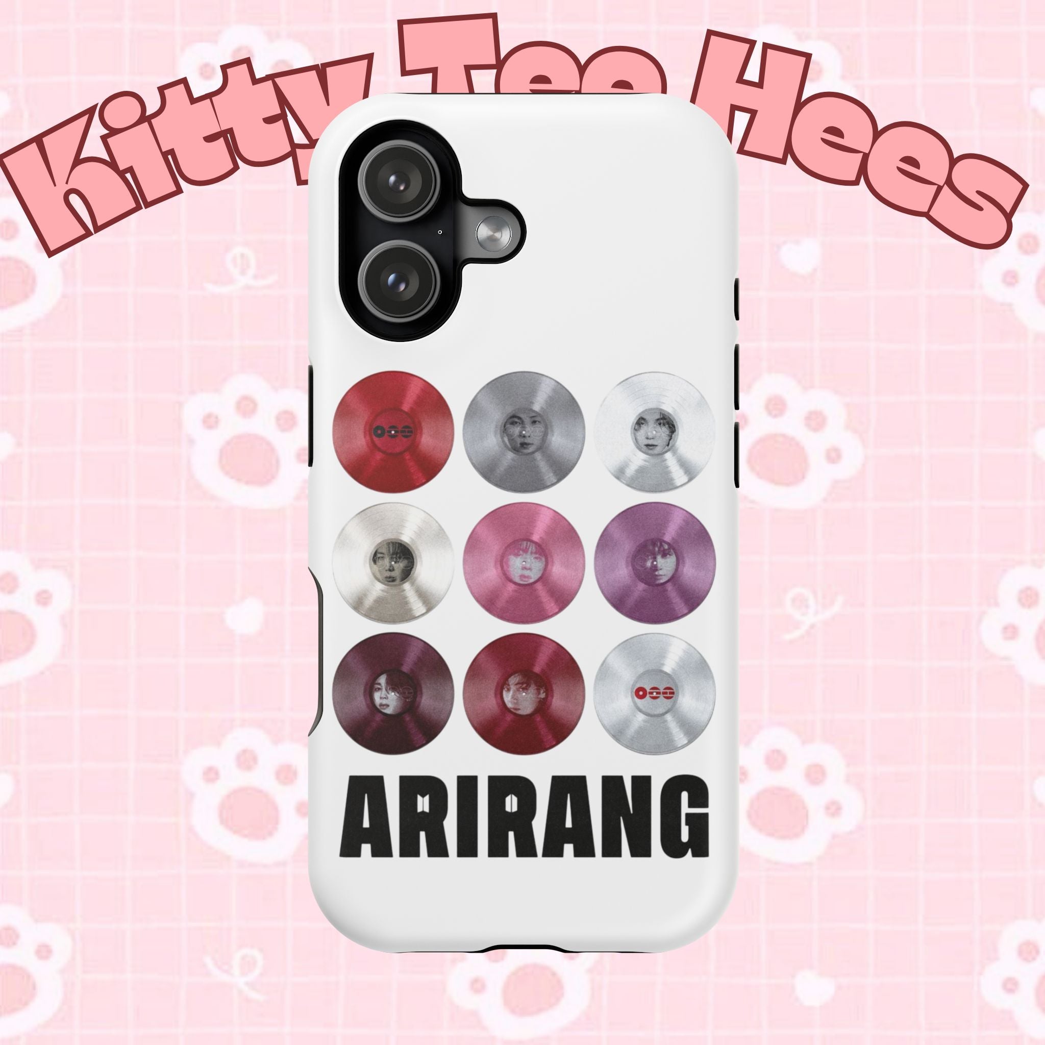 Printify BTS Arirang vinyl record grid phone case featuring BTS logo and vibrant design, impact-resistant for fans.