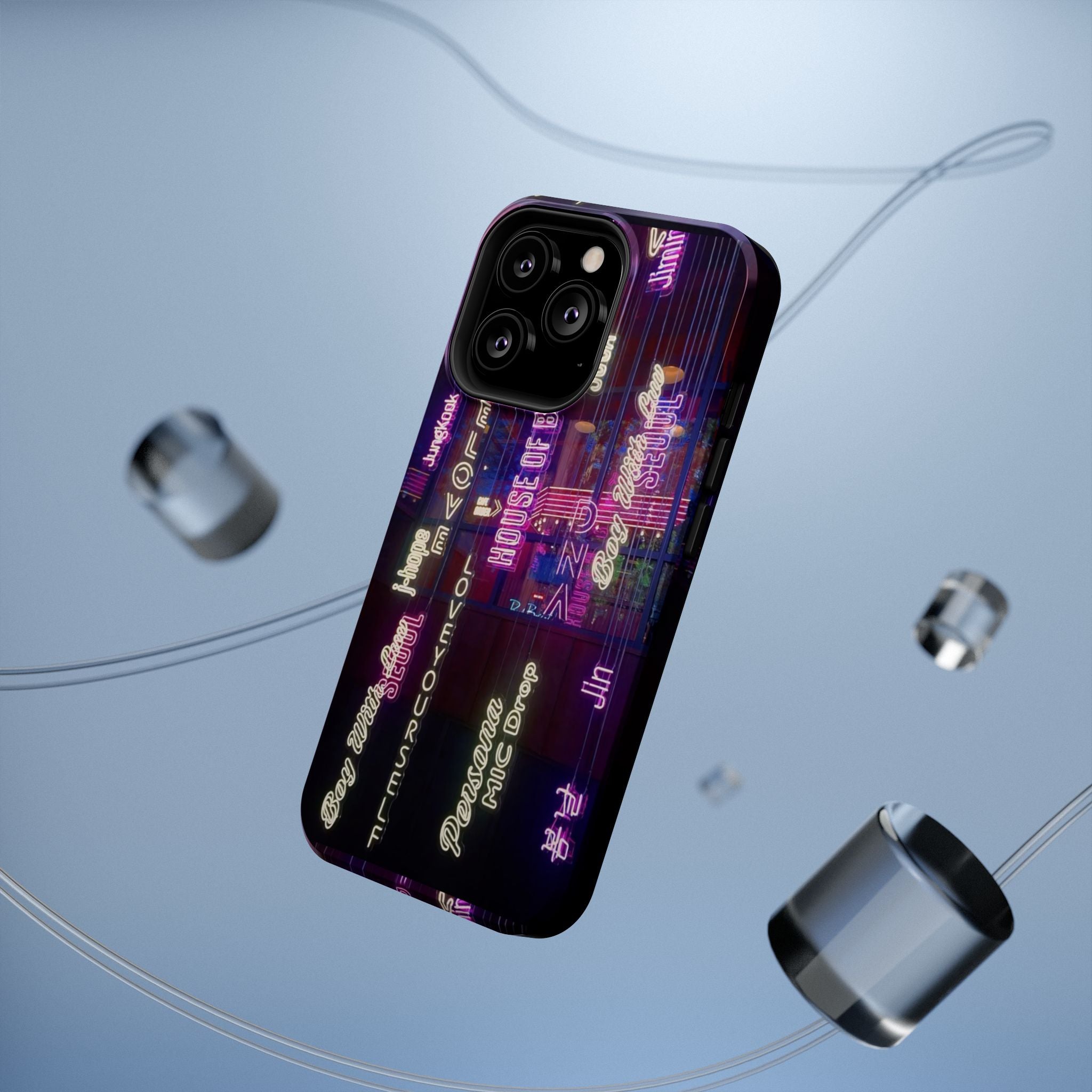 Neon Korean script BTS phone case for iPhone and Samsung, impact-resistant Printify case with bold Korean lettering design.