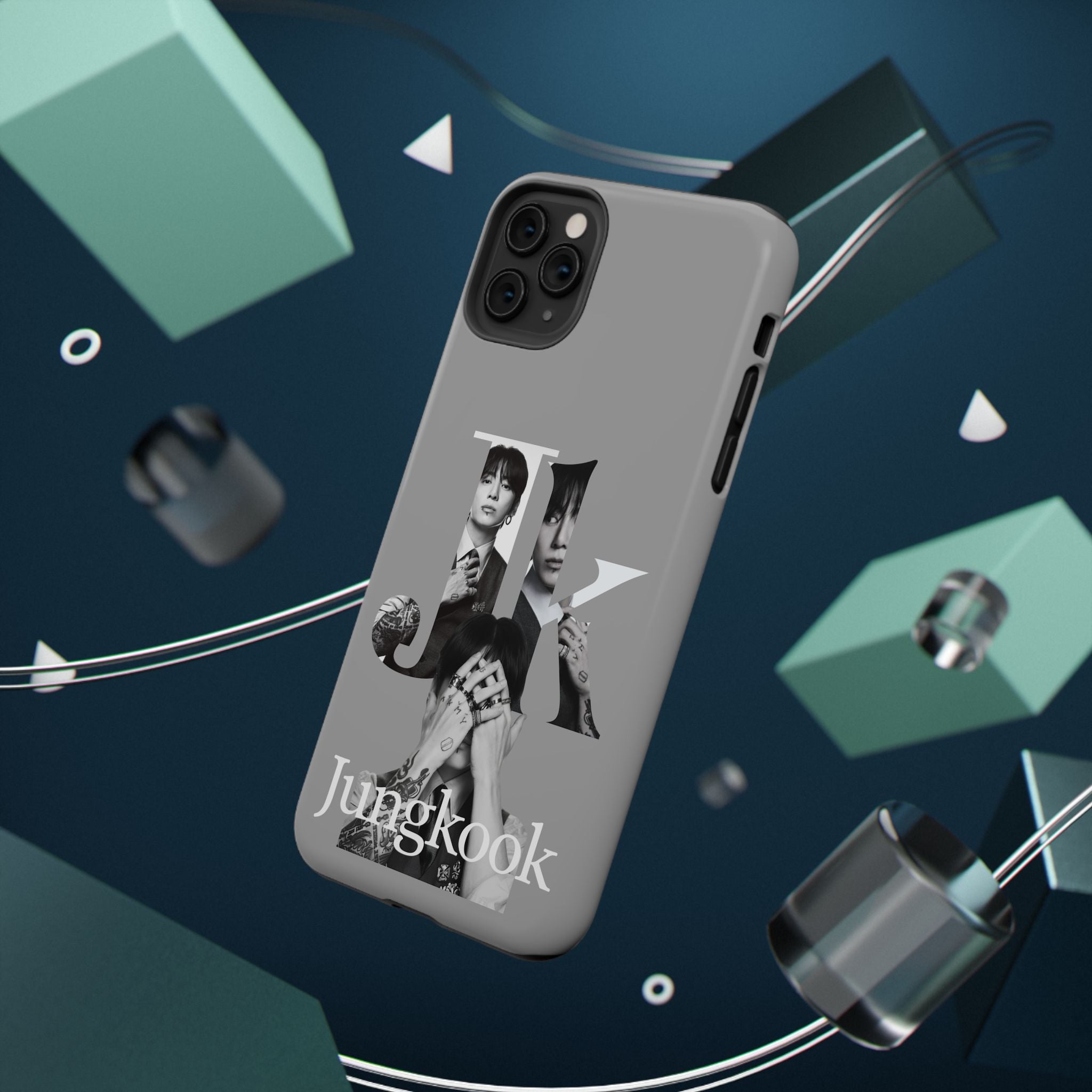 Monochrome BTS Jungkook phone case with letter design, impact-resistant Printify phone case for BTS fans.