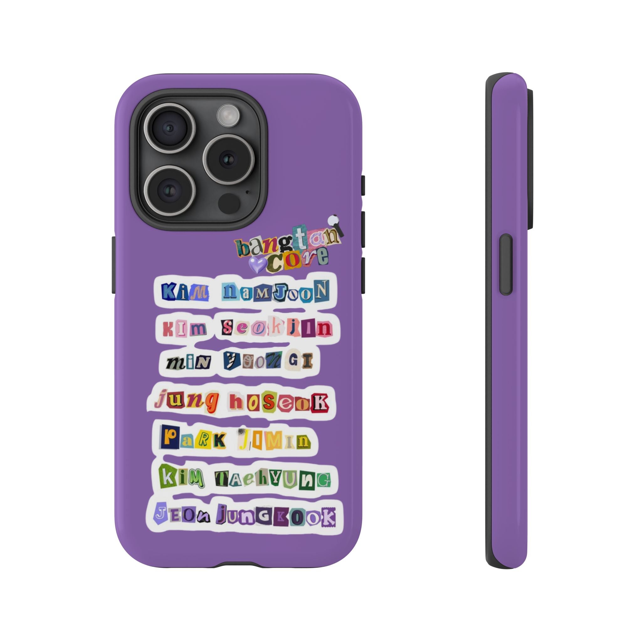 BTS member names phone case featuring Jungkook, Jimin, and Rap Monster for iPhone 17, durable Printify tough phone case