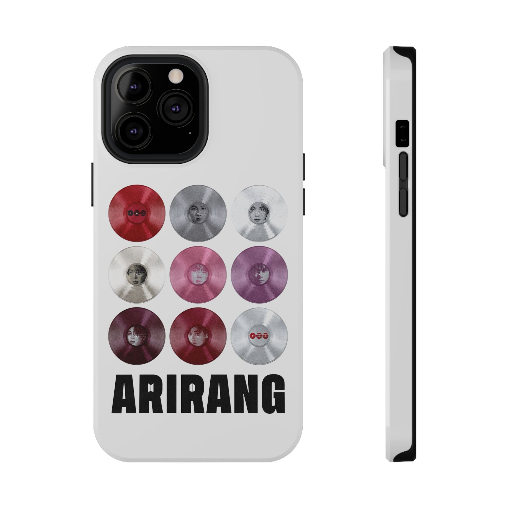 Impact-resistant phone case with BTS Arirang vinyl record grid design, featuring Bangtan Boys fan merchandise by Printify.