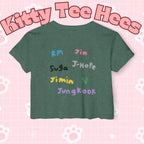 Colorful BTS kidcore T-shirt featuring Bangtan Boys group photo, women's festival crop top by Printify.