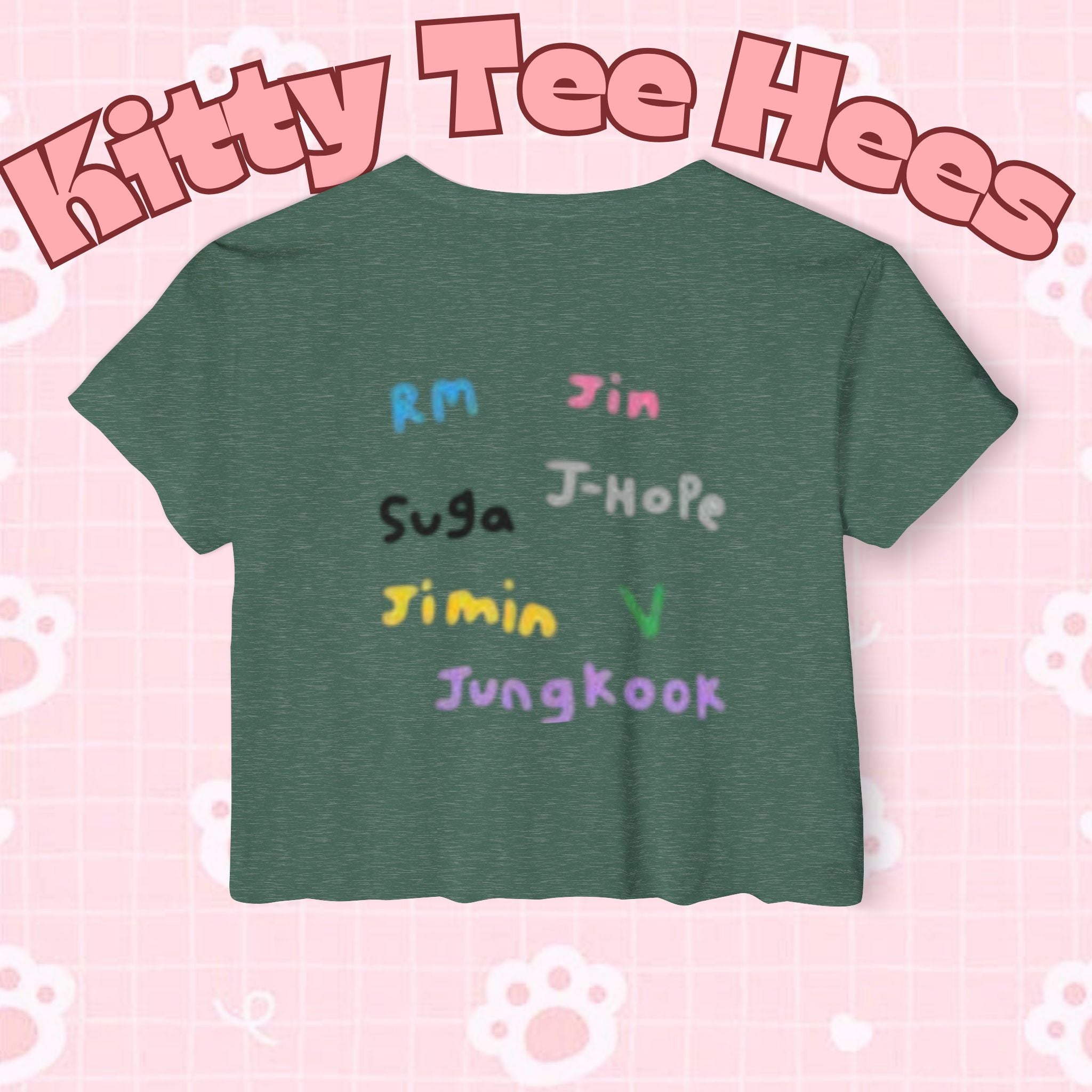 Colorful BTS kidcore T-shirt featuring Bangtan Boys group photo, women's festival crop top by Printify.