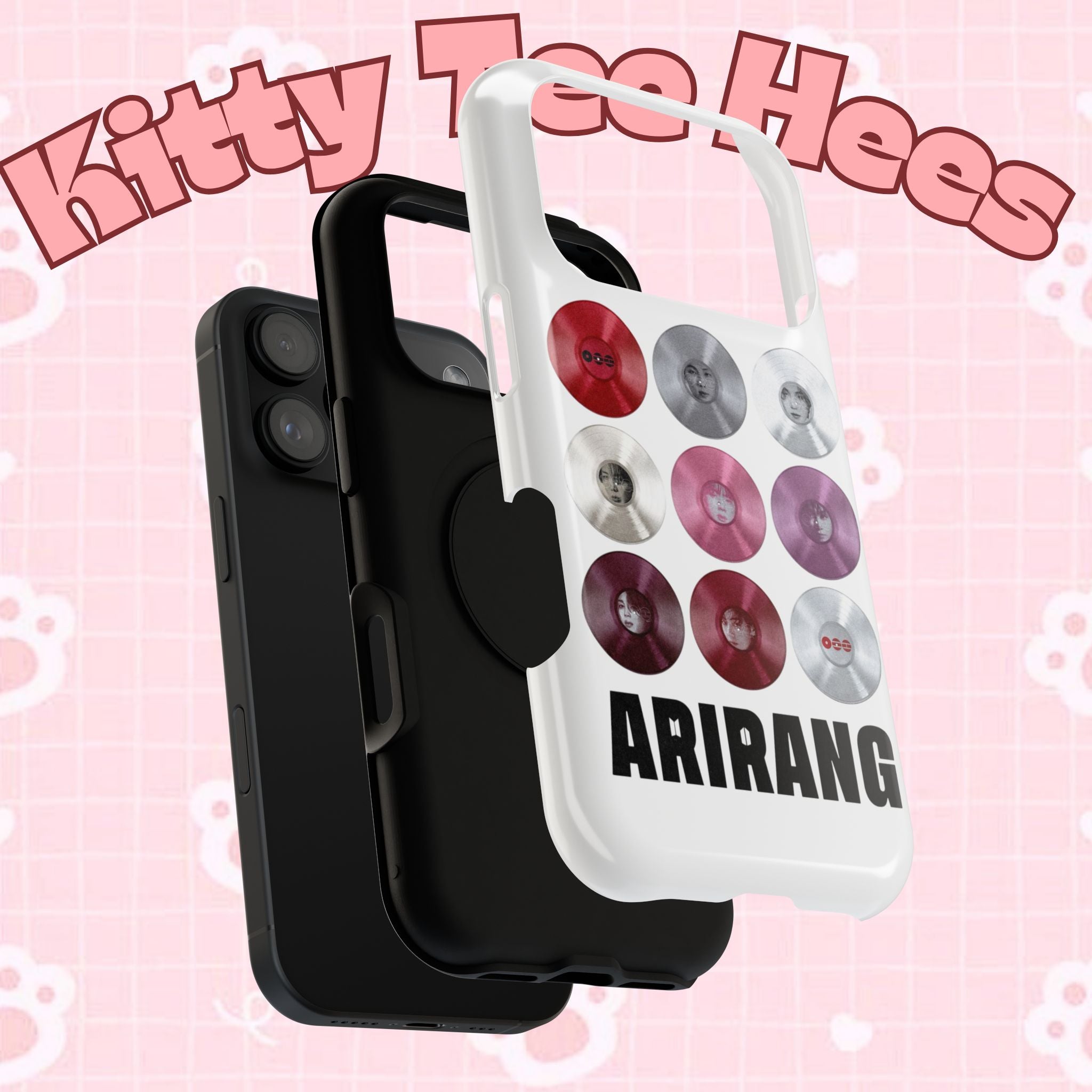 Impact-resistant Printify BTS Arirang vinyl record phone case featuring grid design, perfect for BTS fans and stylish protection.