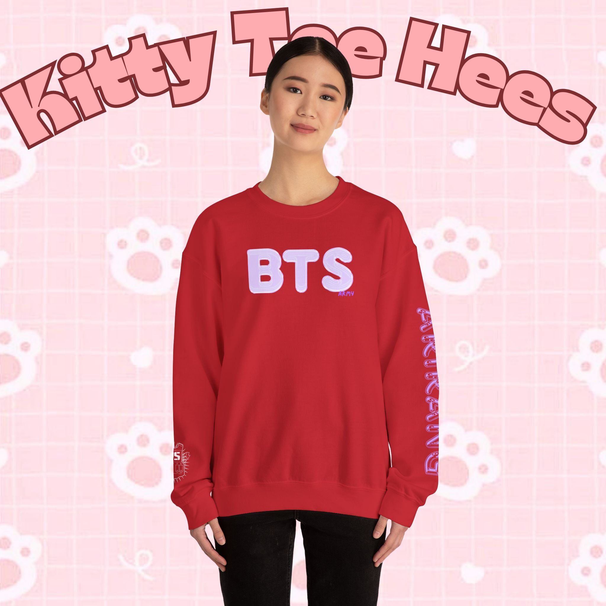 Lavender BTS logo Arirang crewneck sweatshirt by Printify featuring K-pop band design and concert-inspired print.