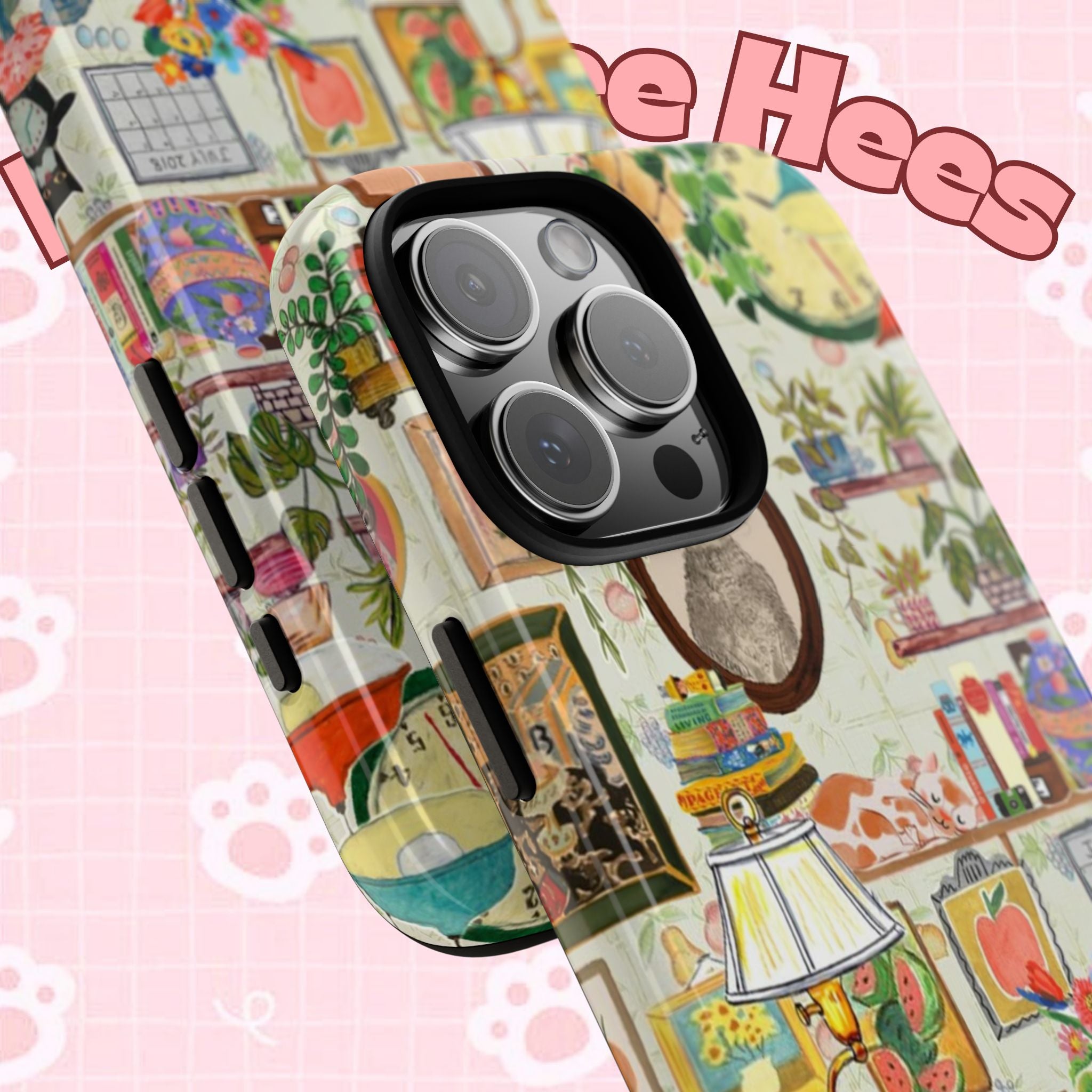 Cute cat portrait phone case for iPhone 17, stylish Printify pet-themed design in a cozy living room setting.
