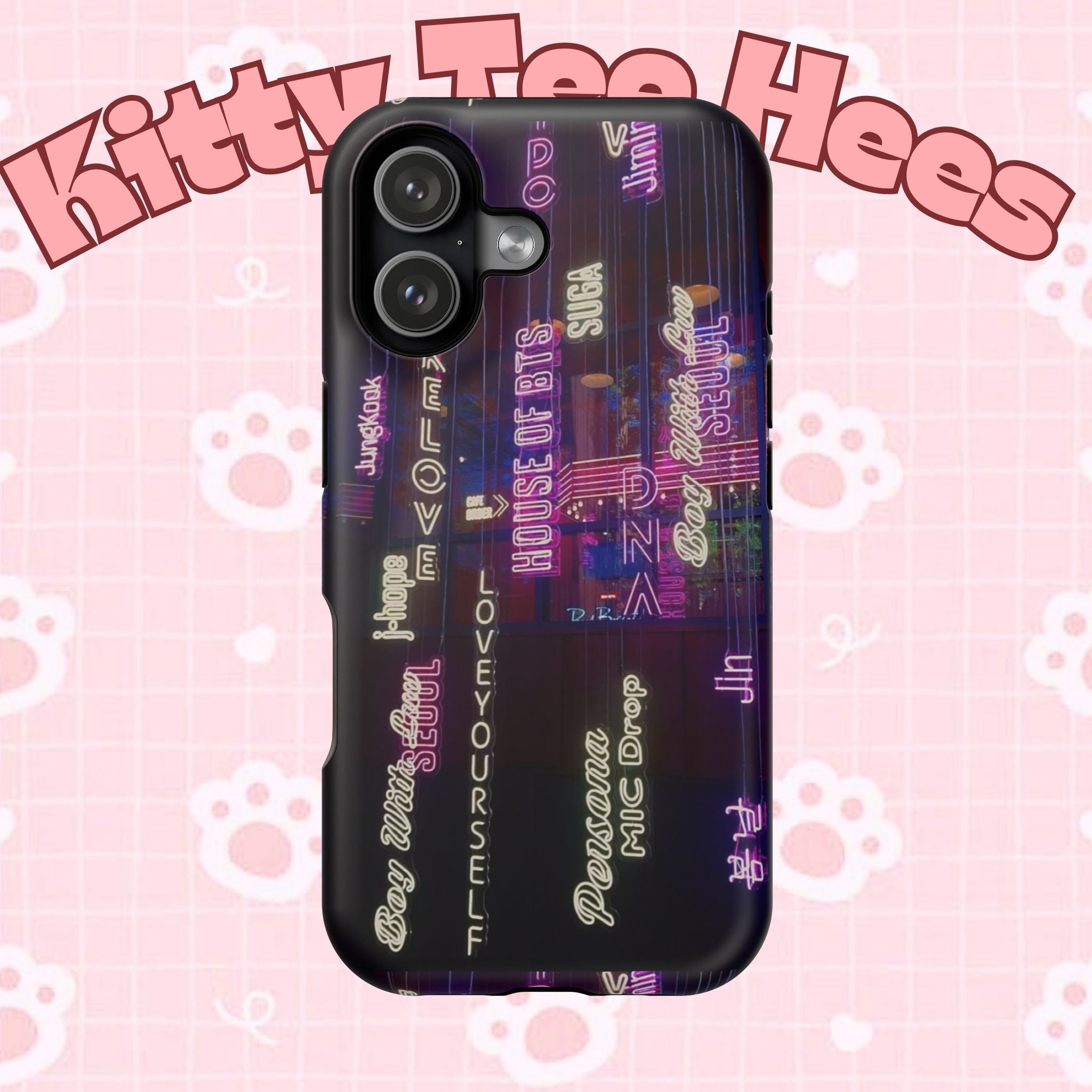 Neon Korean Script BTS phone case for iPhone and Samsung, impact-resistant Printify case with bold Korean lettering design.