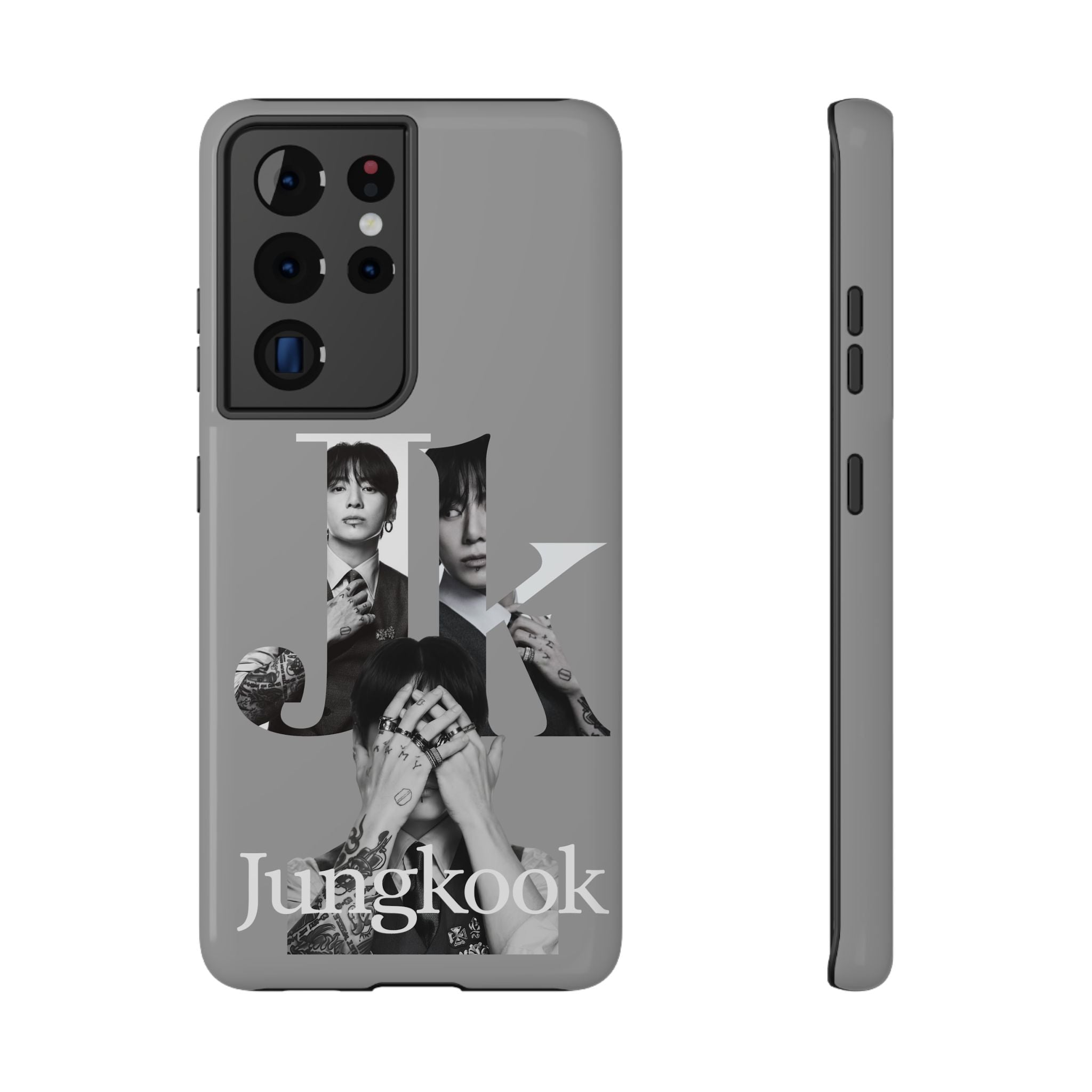 Monochrome BTS Jungkook phone case with impact-resistant design, featuring bold letter graphics for a stylish look.