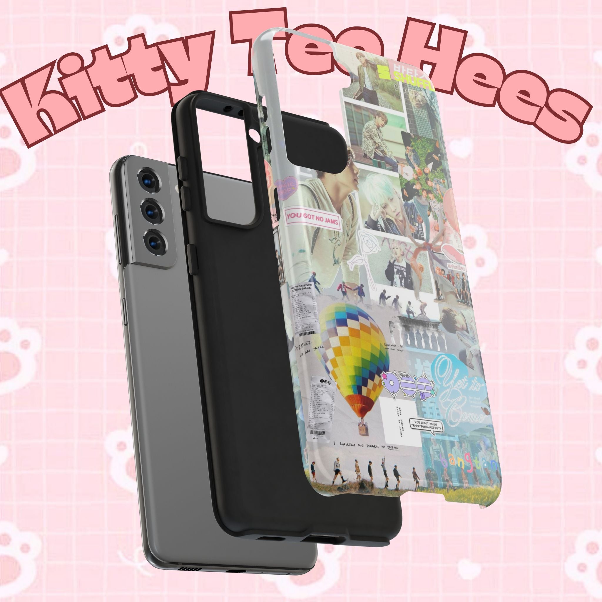 Printify BTS collage phone case for iPhone and Samsung with pastel hot air balloon and K-Pop photo collage design.