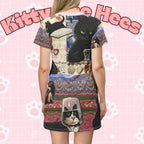 Black cat stripe T-shirt dress with all-over print featuring cute feline designs, perfect for cat lovers and maximalist style.