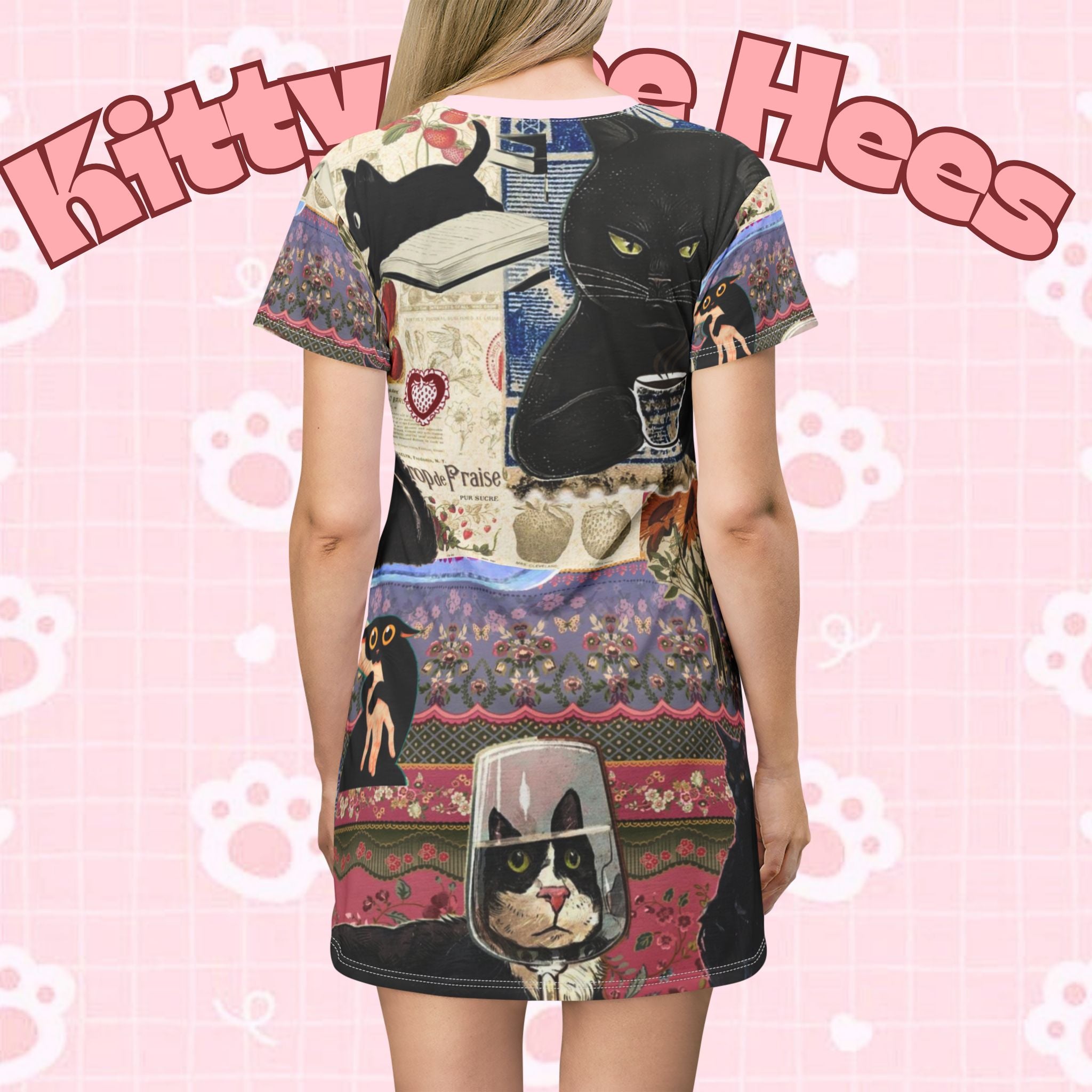 Black cat stripe T-shirt dress with all-over print featuring cute feline designs, perfect for cat lovers and maximalist style.