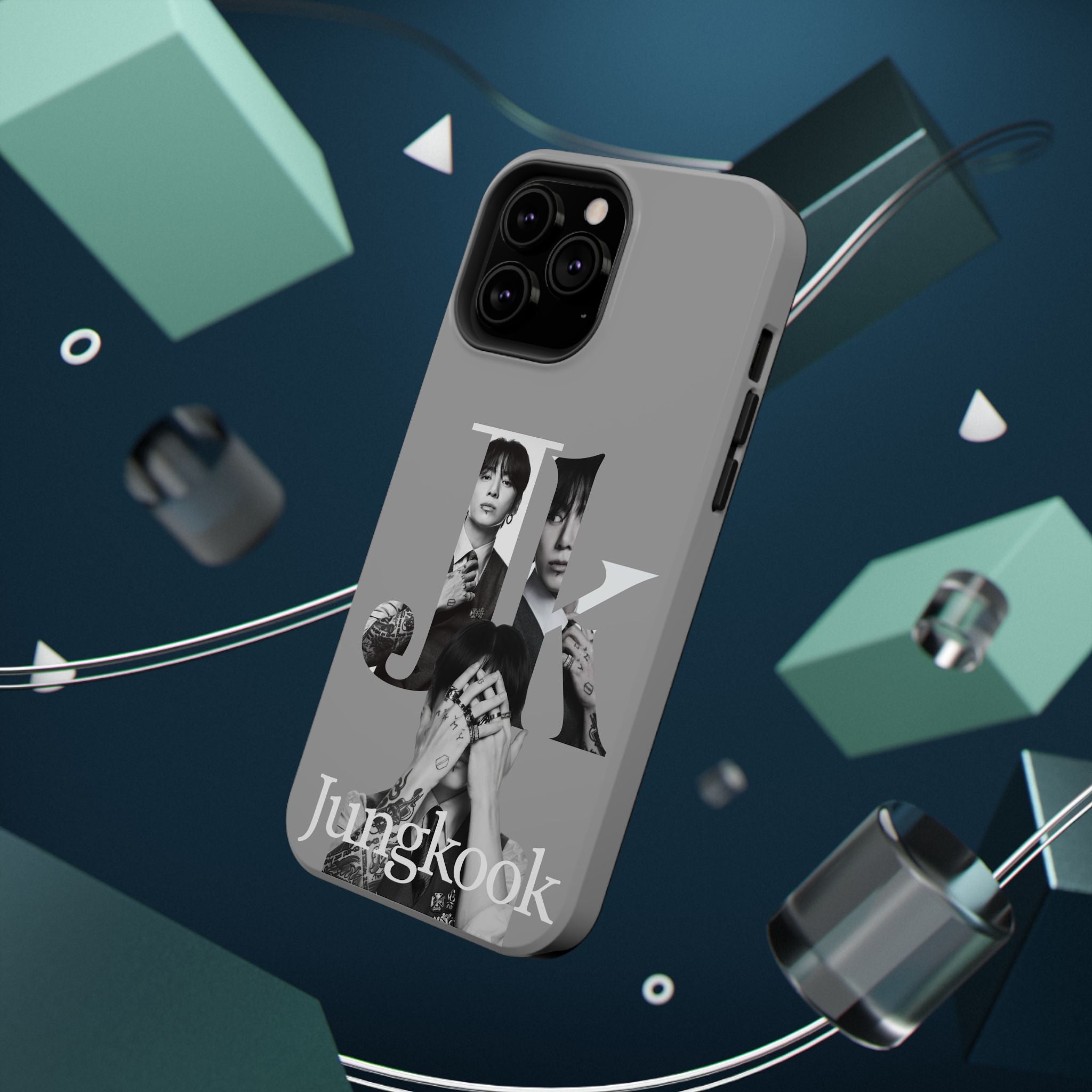 Monochrome BTS Jungkook phone case with impact-resistant design, featuring bold letter graphics and a sleek finish.
