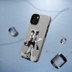 Monochrome BTS Jungkook phone case with letter design, impact-resistant Printify phone case featuring a stylish Jungkook image.