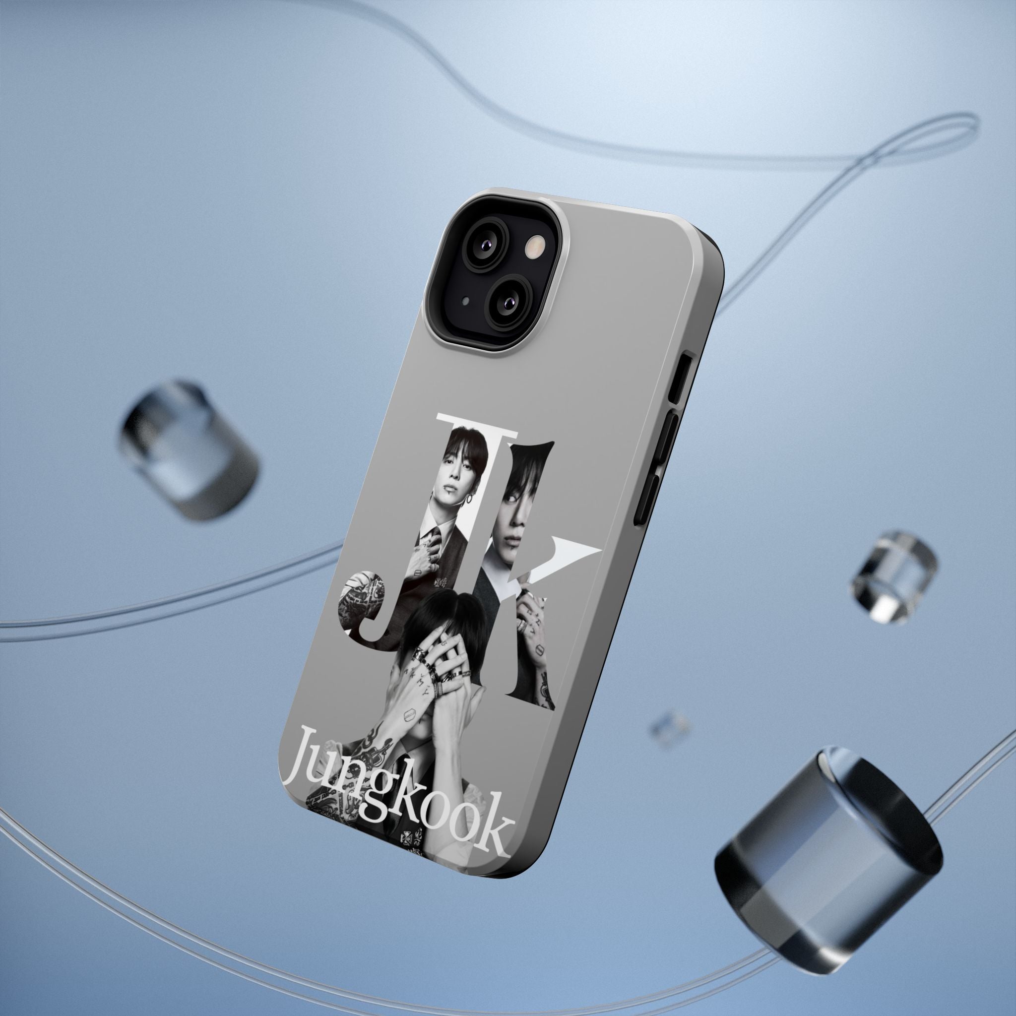 Monochrome BTS Jungkook phone case with letter design, impact-resistant Printify phone case featuring a stylish Jungkook image.