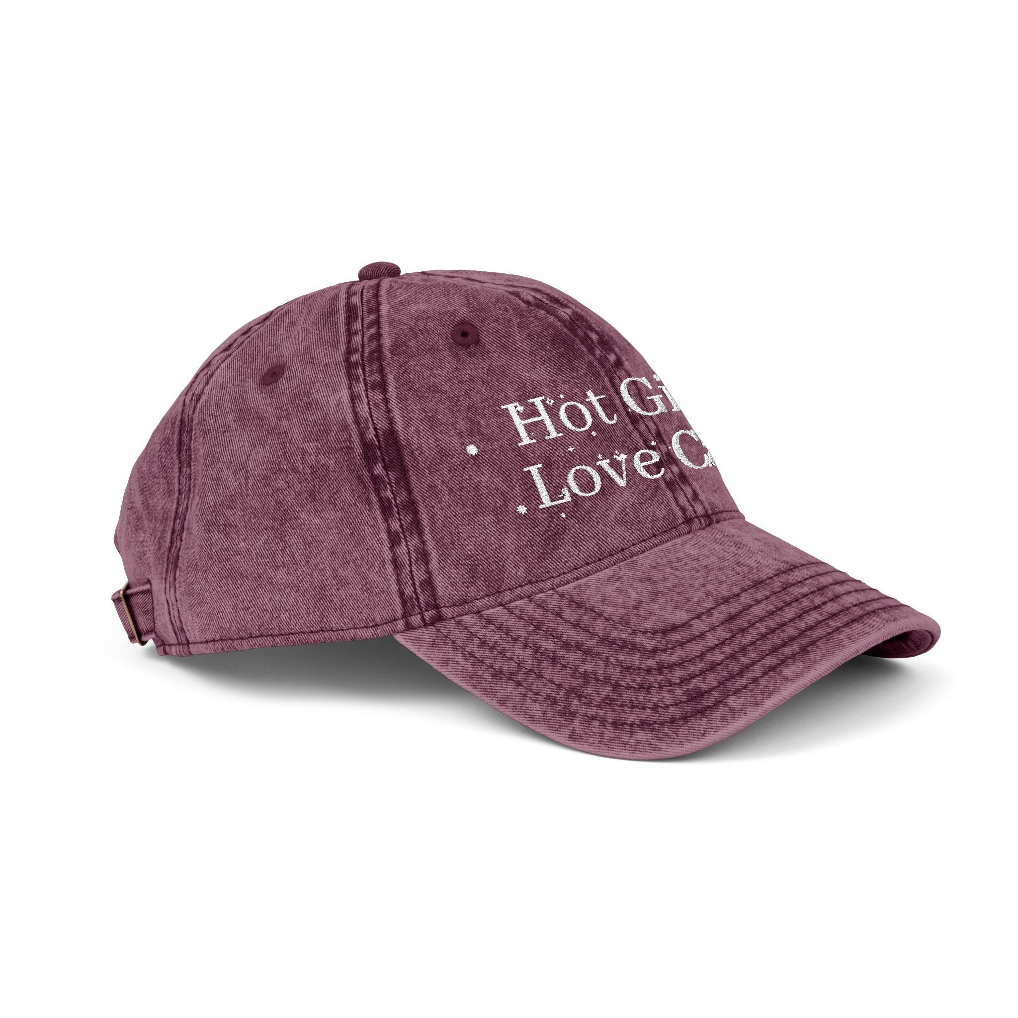 Vintage style embroidered "Hot Girls Love Cats" cap by Printify, casual wear hat with colorful cat design and embroidered text.