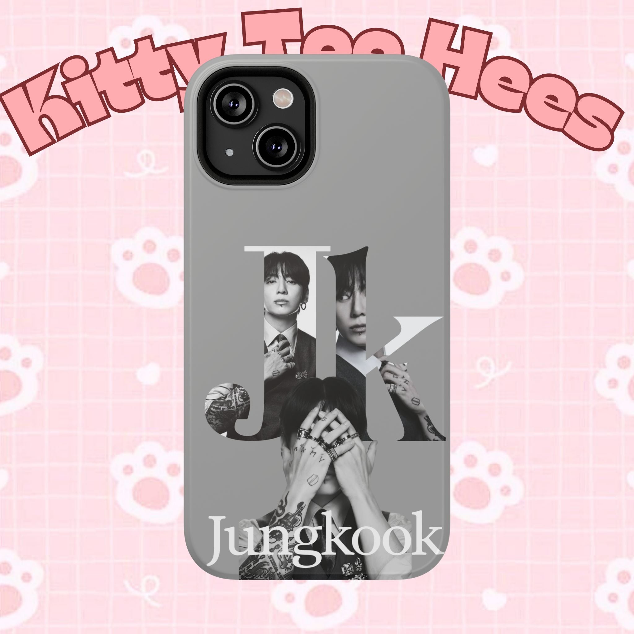 Monochrome BTS Jungkook phone case with letter design, impact-resistant Printify phone cover featuring Jungkook from Bangtan Boys.