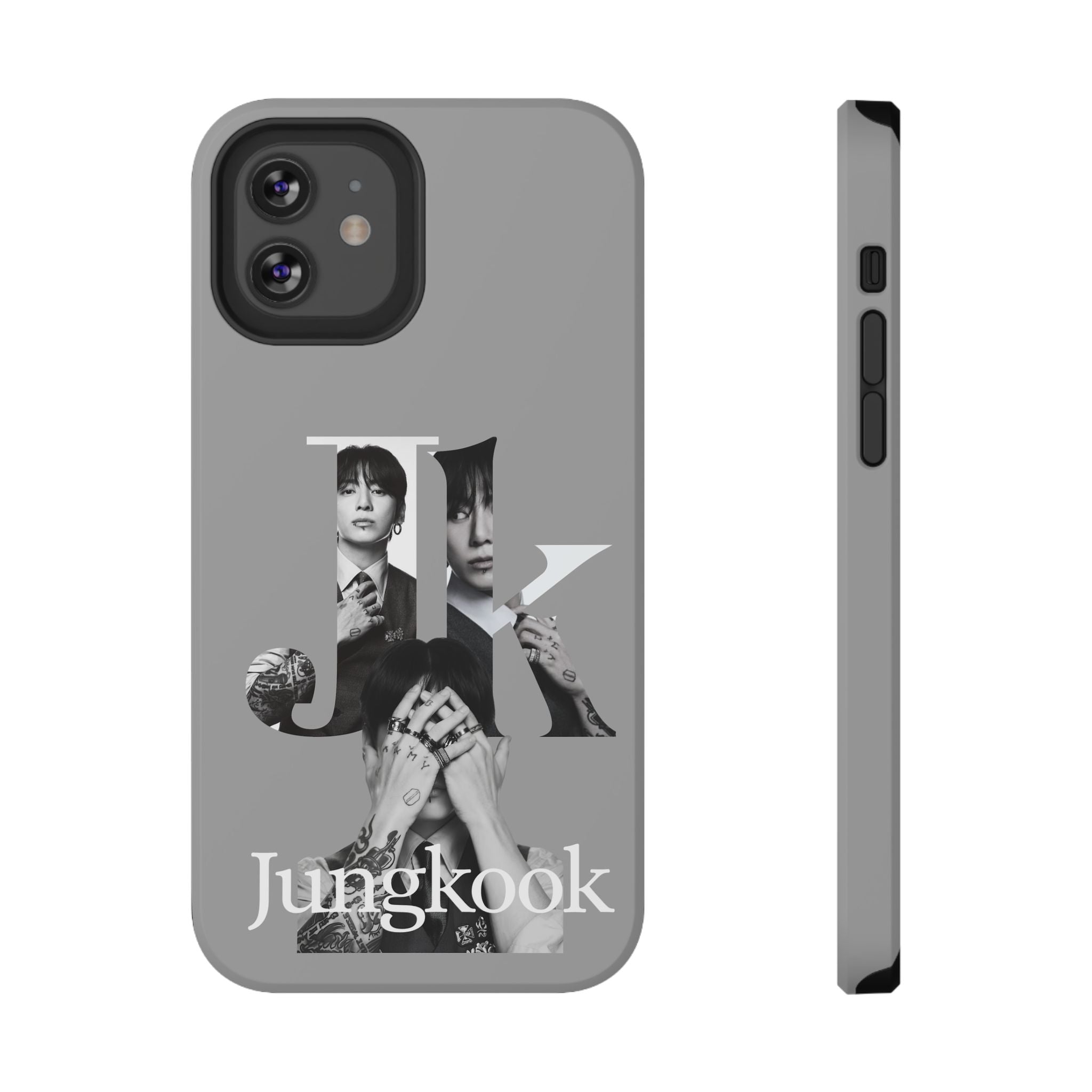 Monochrome BTS Jungkook phone case by Printify featuring impact-resistant design and stylish letter graphics.