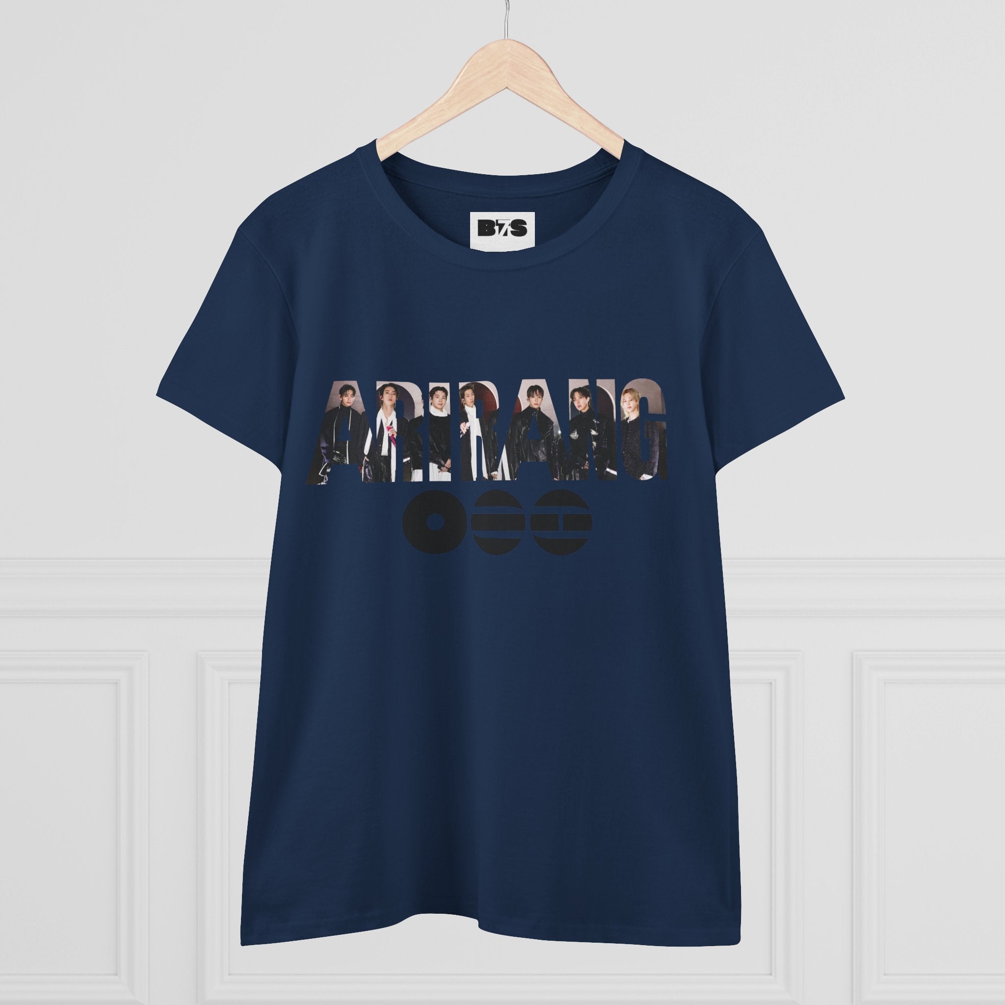 BTS ARIRANG graphic T-shirt featuring BTS logo and member names in vibrant print, casual cotton tee by Printify