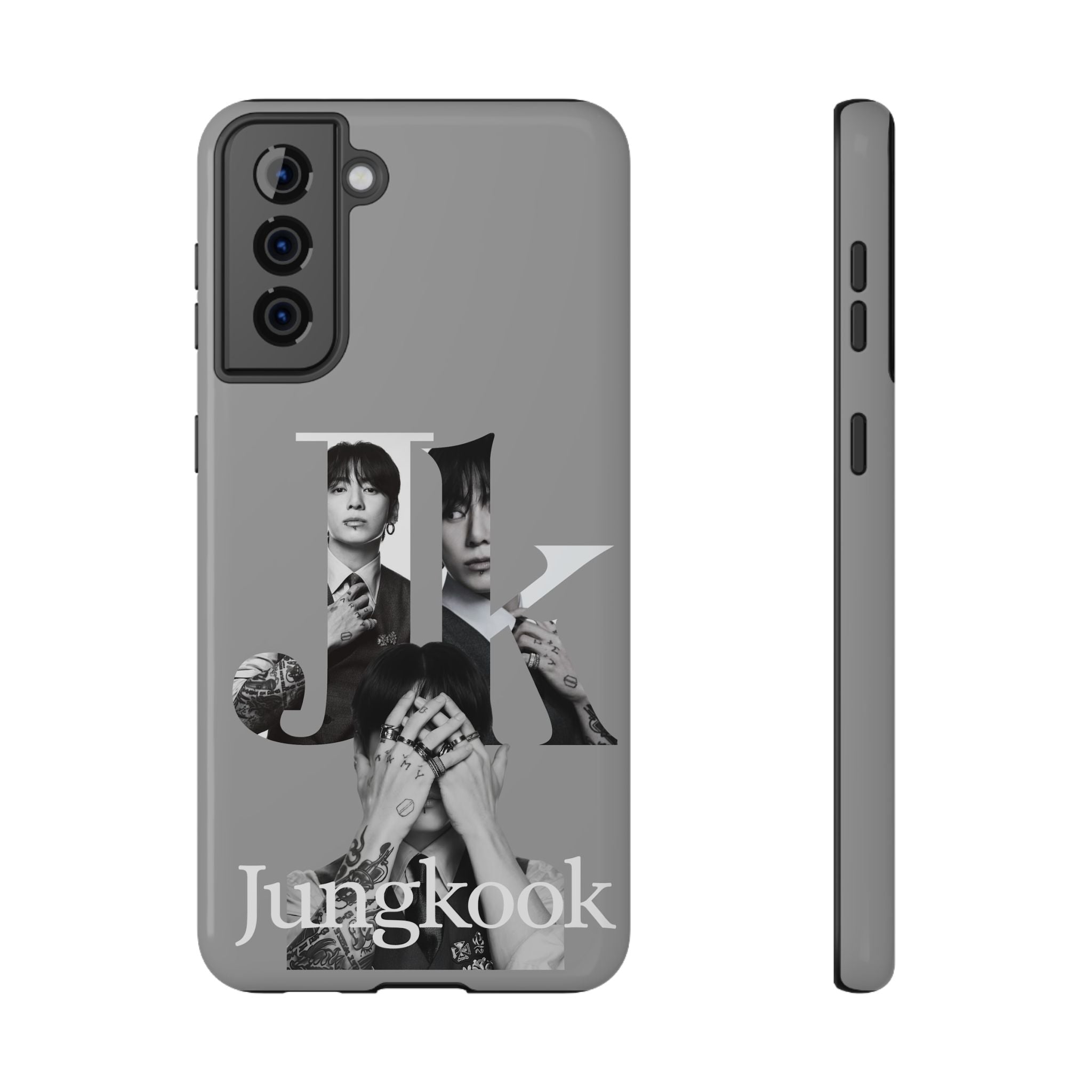 Monochrome BTS Jungkook phone case with impact-resistant design, featuring bold letter and clean print for Galaxy or iPhone.
