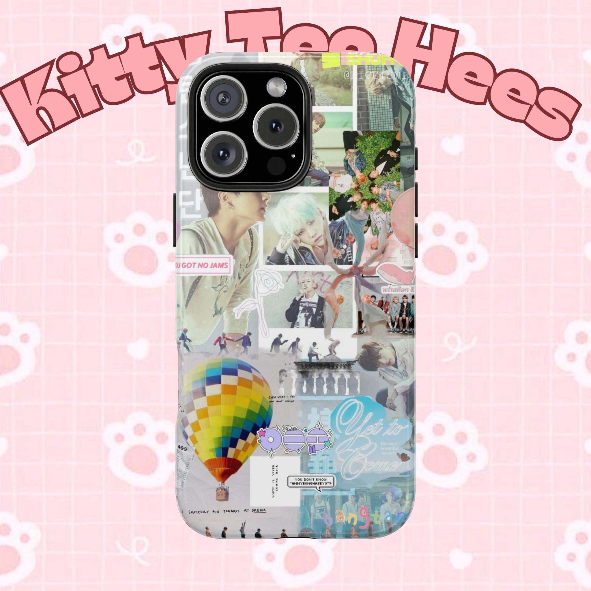 Printify BTS collage phone case for iPhone and Samsung featuring pastel hot air balloon and K-pop photo collage design.
