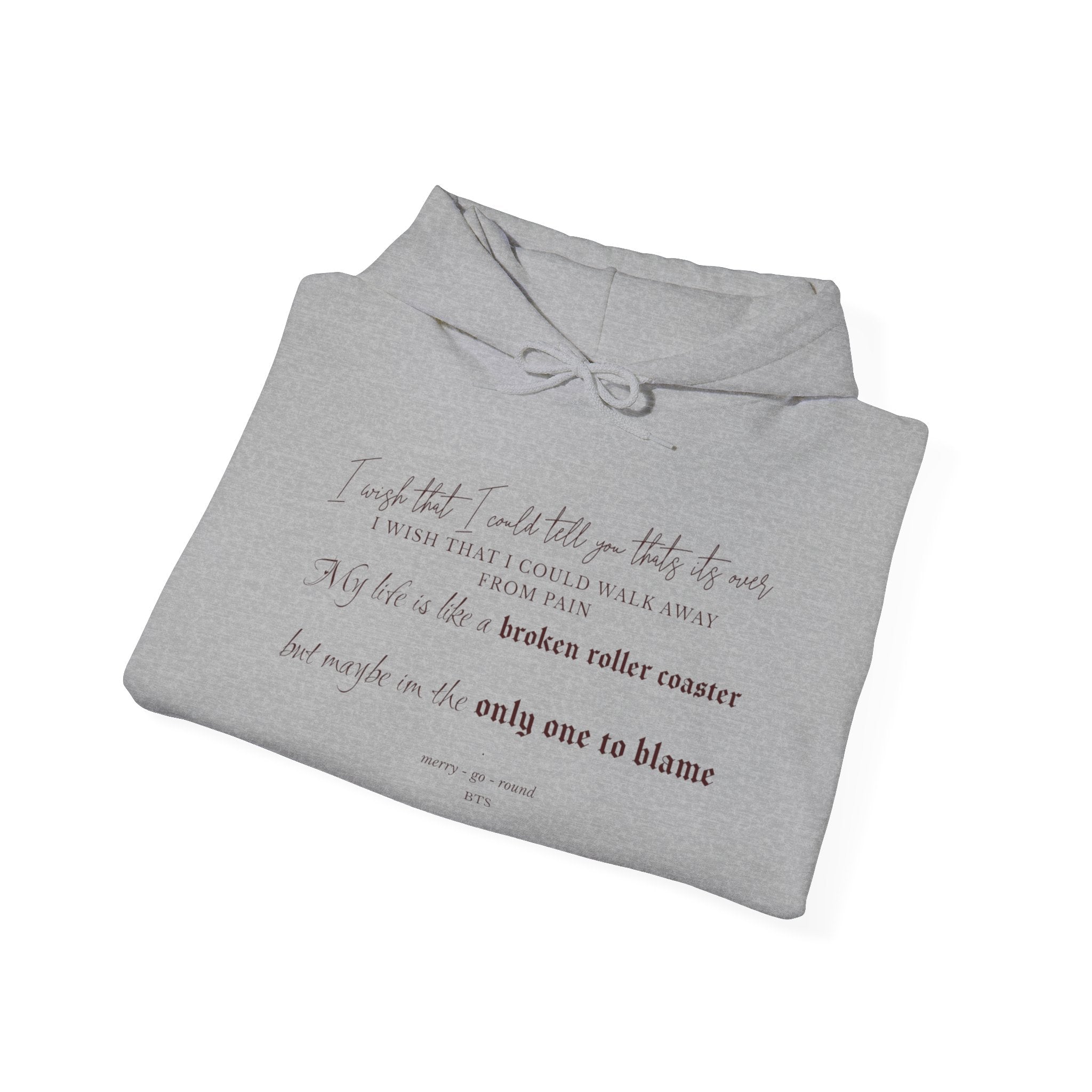 BTS Merry-go-round Arirang 2026 hoodie featuring carousel illustration, Korean script sleeve, and BTS lyric design.