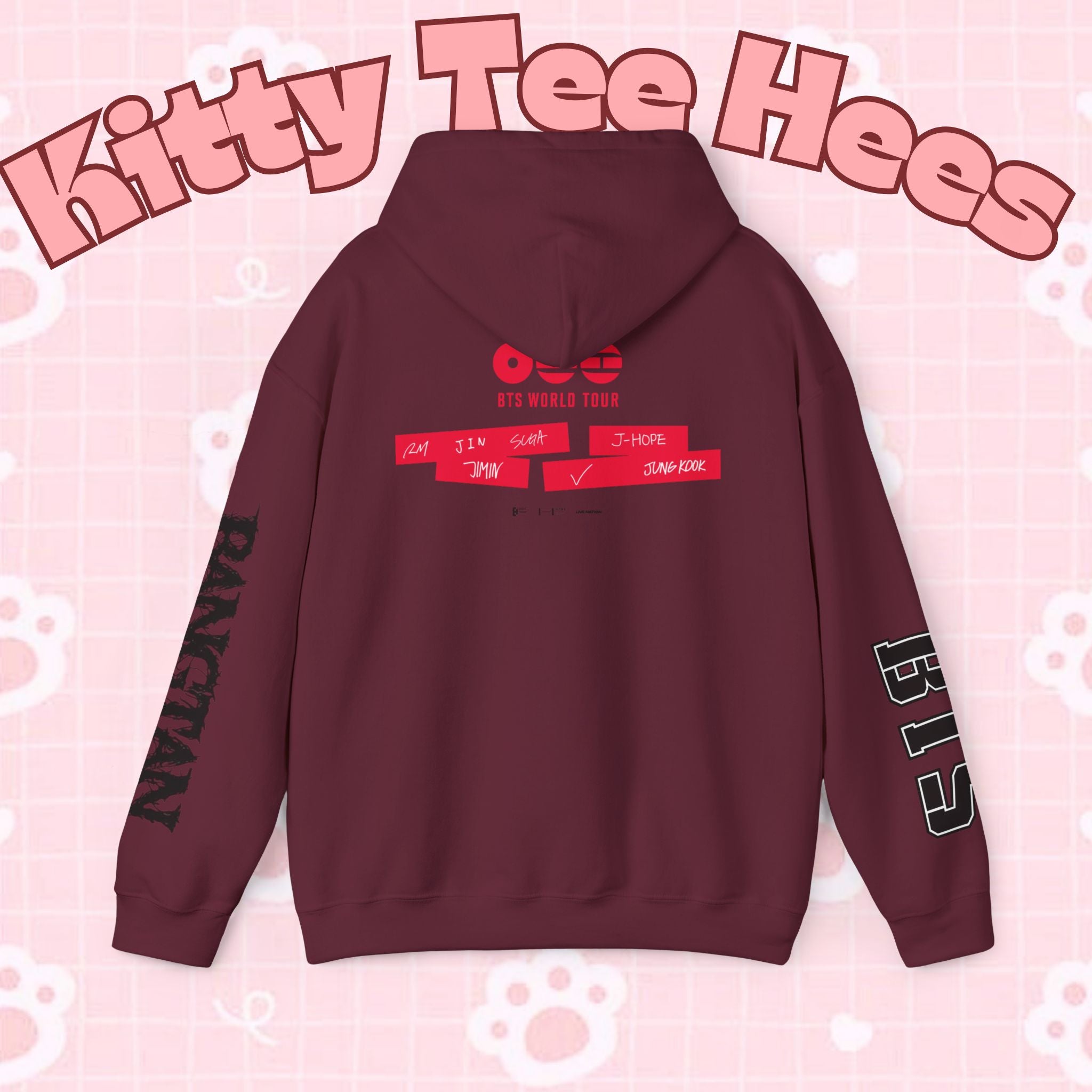 ARIRANG BTS World Tour graphic hoodie with Bangtan sleeve design, casual sweatshirt inspired by BTS tour fashion.