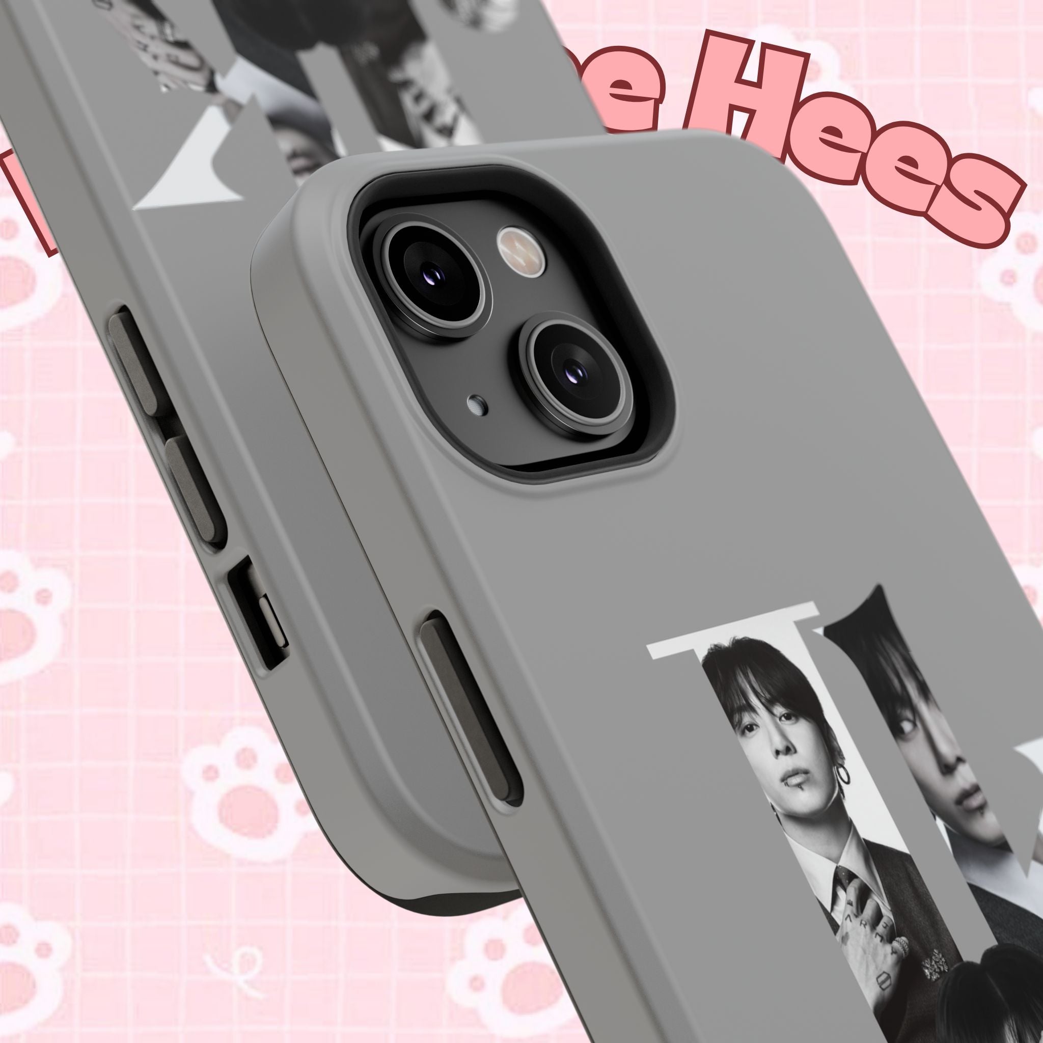 Monochrome BTS Jungkook phone case with impact-resistant design, featuring a bold letter B and artist logo.