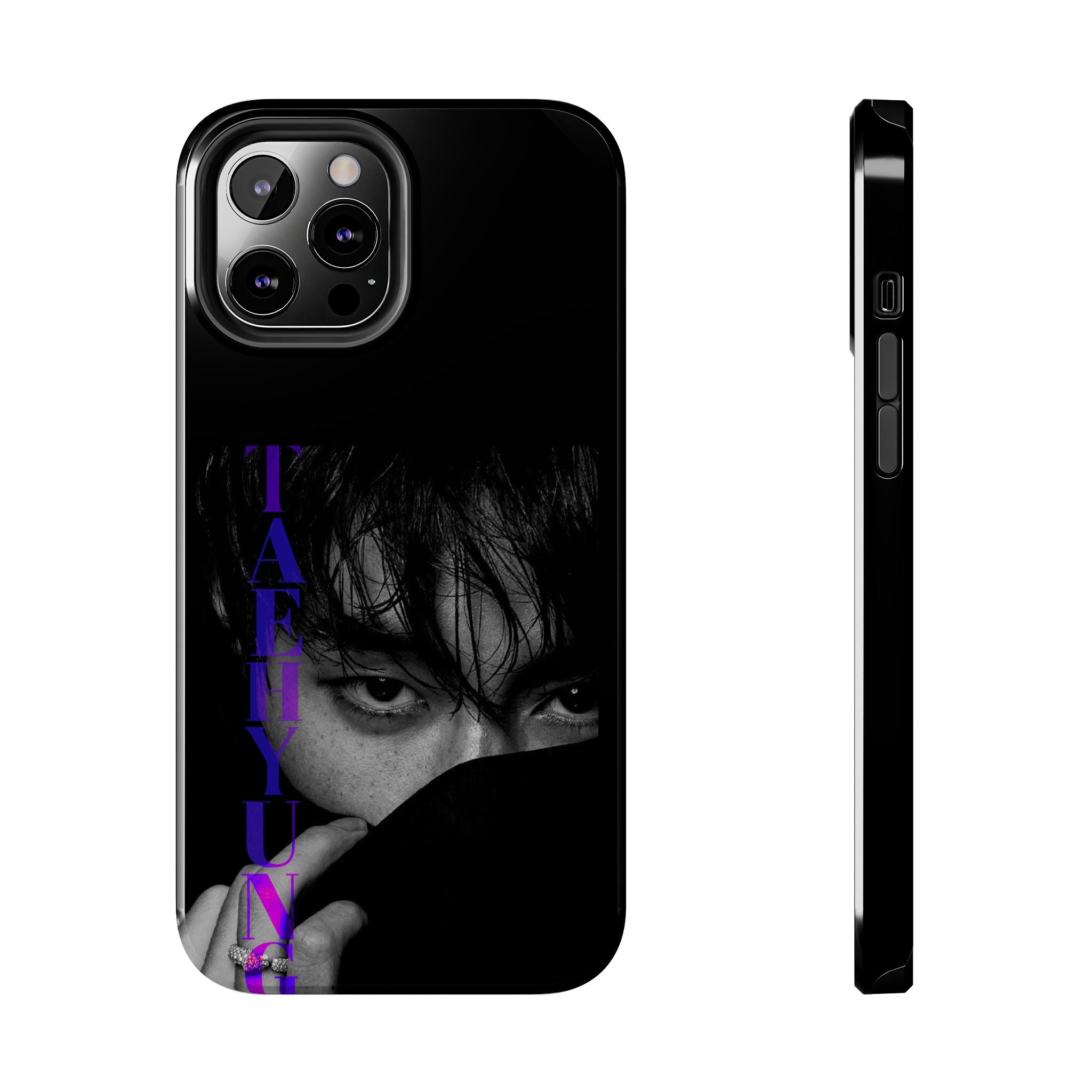 BTS Taehyung (V) phone case with dark Bangtan design for iPhone and Samsung, featuring Kim Taehyung artwork from Printify.