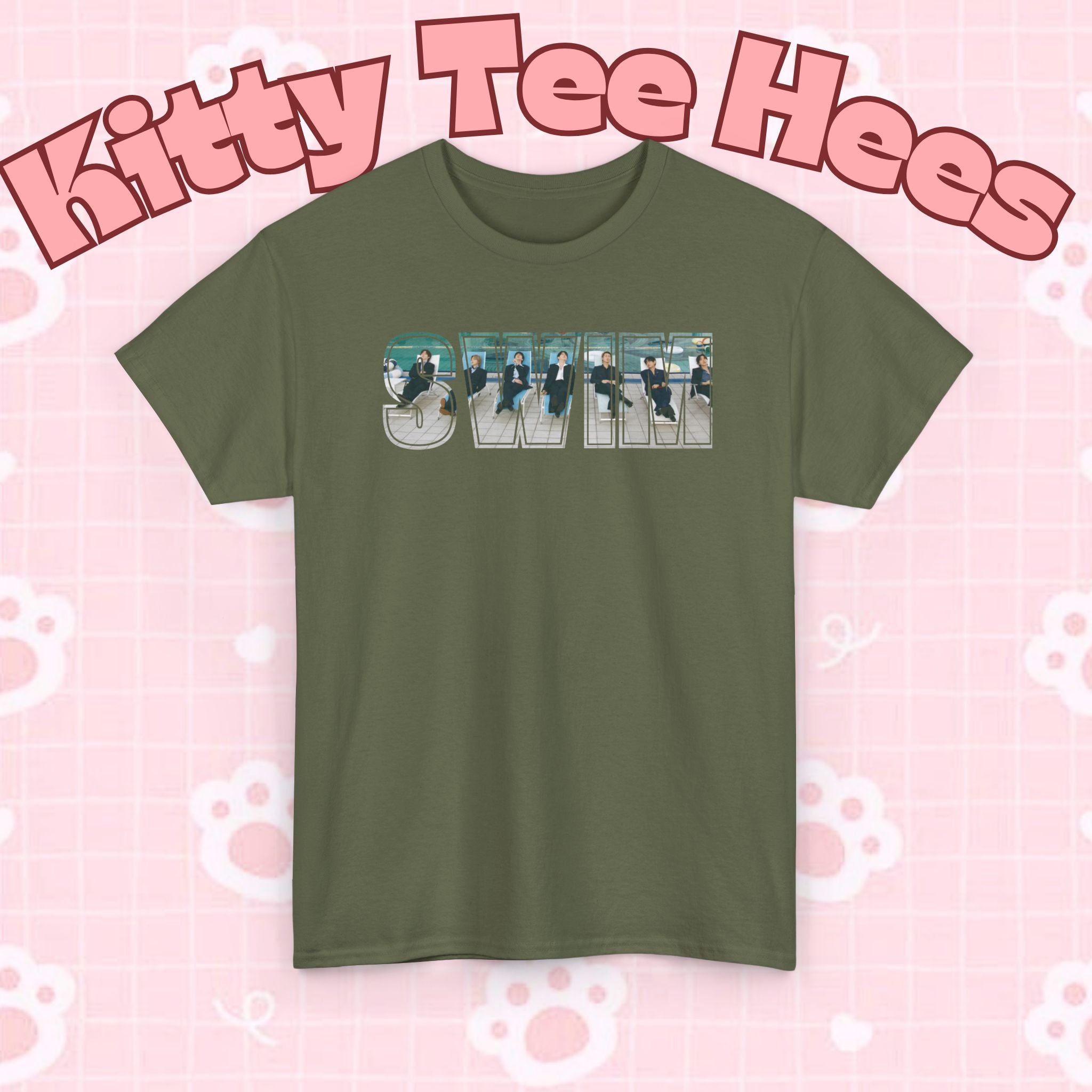 Printify BTS swim graphic T-shirt featuring a pool scene and "I could spend a lifetime watching you swim" design, casual BTS concert tee.