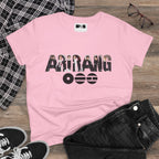 BTS ARIRANG graphic T-shirt featuring BTS logo and member names, casual cotton tee from Printify, worn by a person.