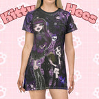 Gothic purple Elisabat anime girls T-shirt dress with all-over print, featuring vibrant anime character artwork on a casual dress.