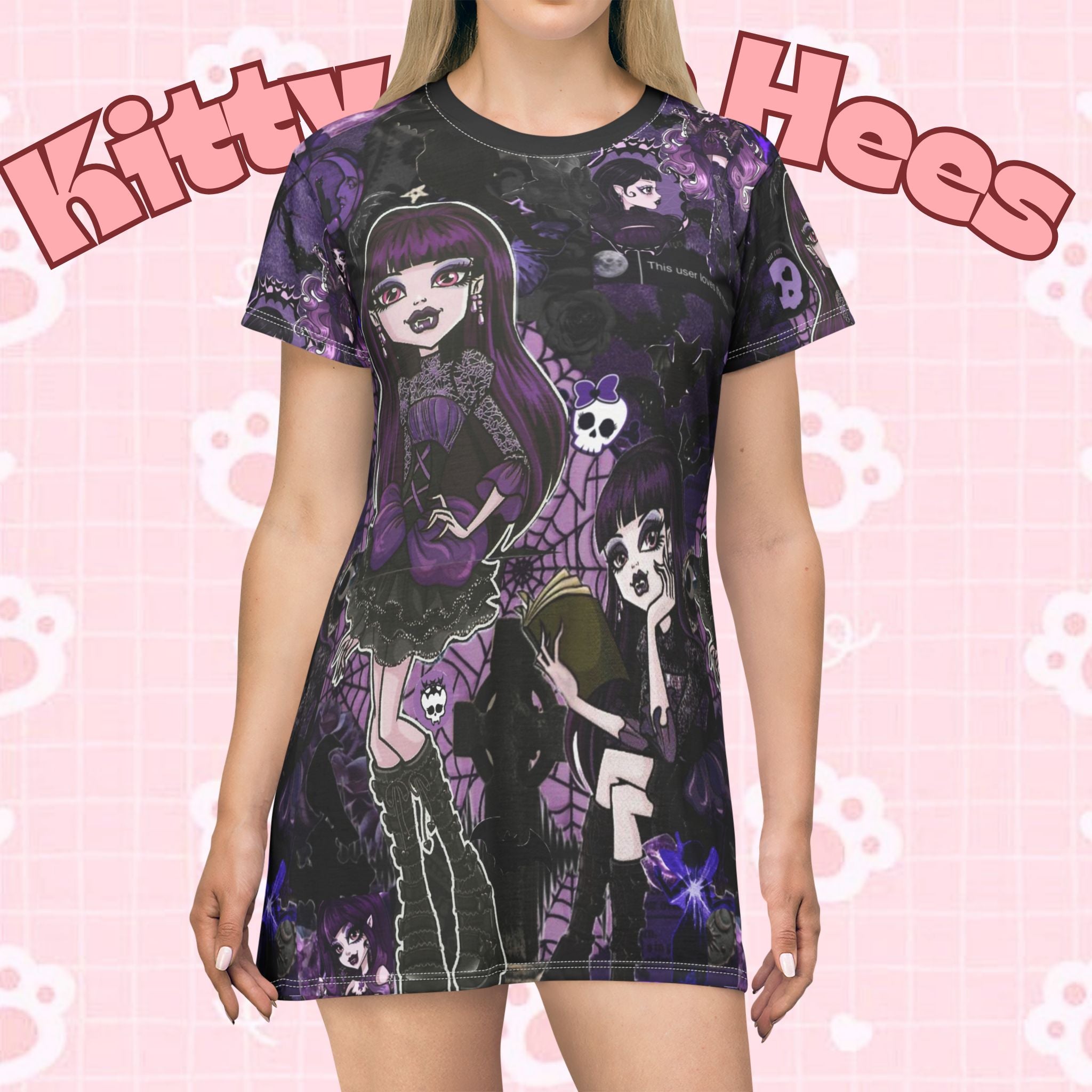 Gothic purple Elisabat anime girls T-shirt dress with all-over print, featuring vibrant anime character artwork on a casual dress.