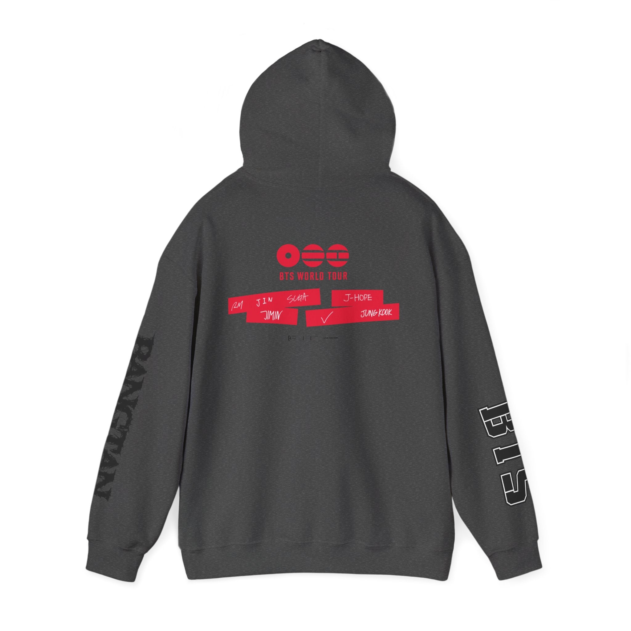 ARIRANG BTS world tour hoodie with graphic design and Bangtan sleeve artwork, casual BTS-inspired sweatshirt by Printify.